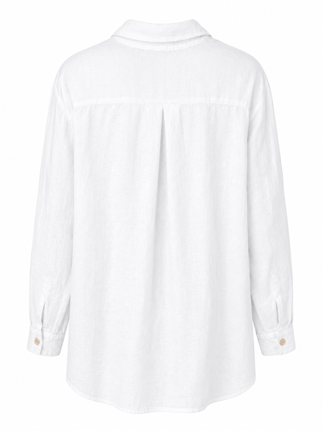 Suzy D oversized button shirt in white with a back yoke, centre pleat and curved hem, back view.