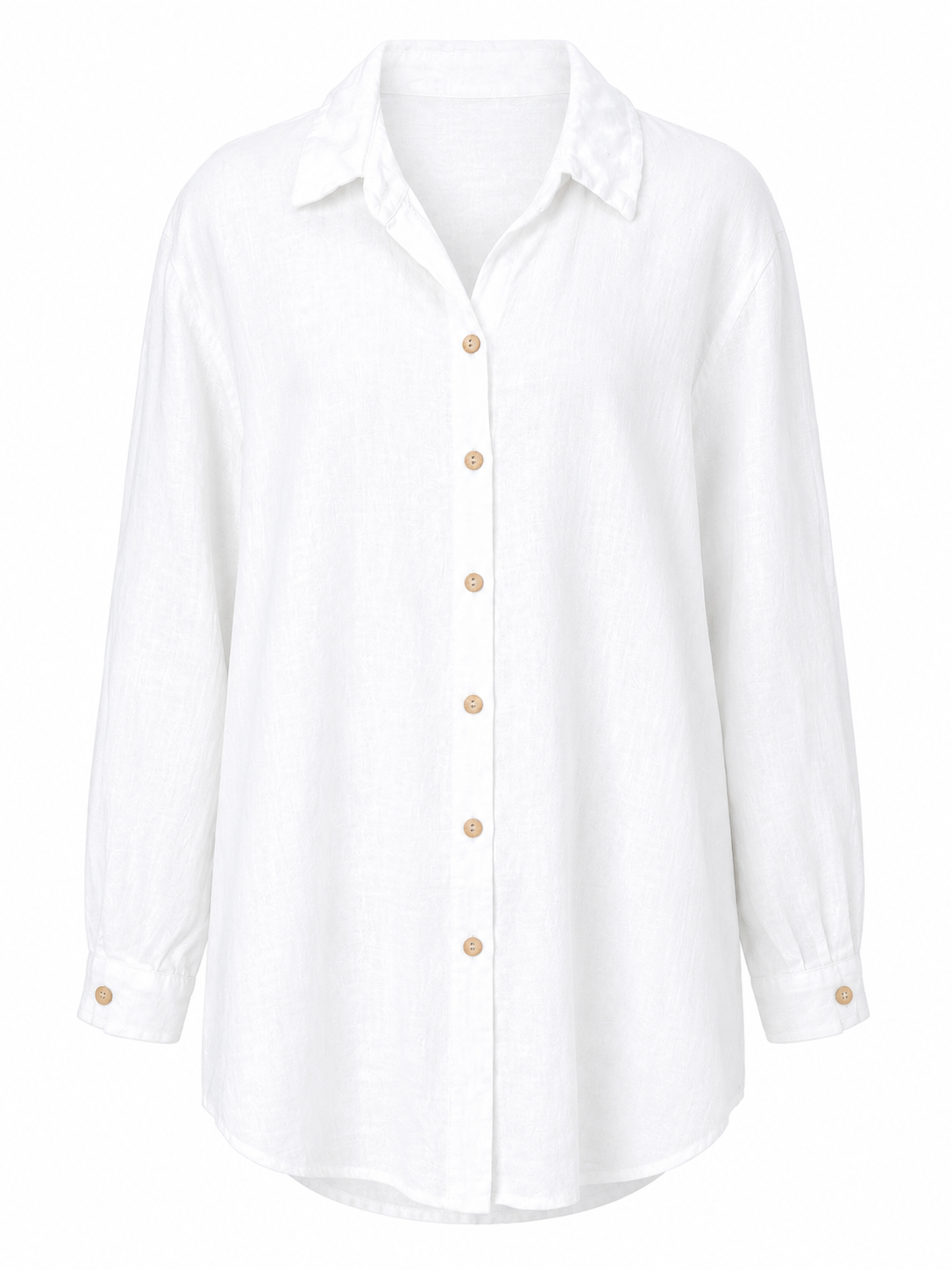 Suzy D oversized button shirt in white with a relaxed fit, collar and natural-look buttons, front view.