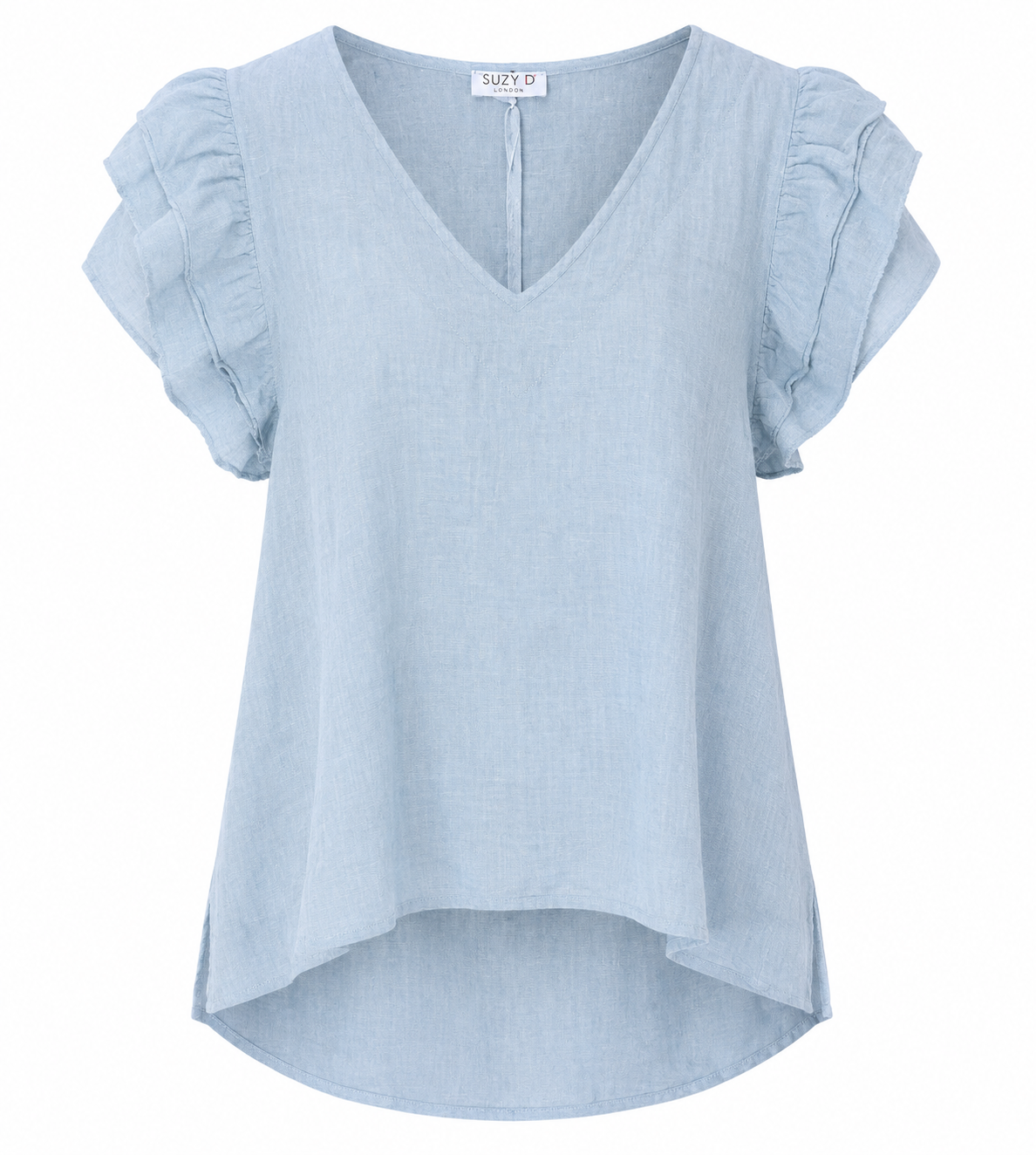 Suzy D ruffle sleeve V-neck top in light blue with layered flutter sleeves and a relaxed fit, front view.