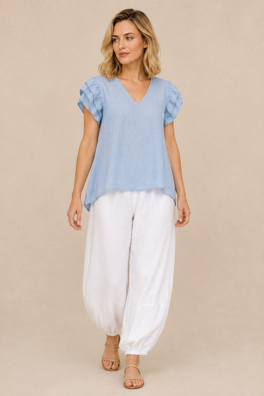 Suzy D | Santiago Frill Sleeve V-Neck Tee in Cloud Blue