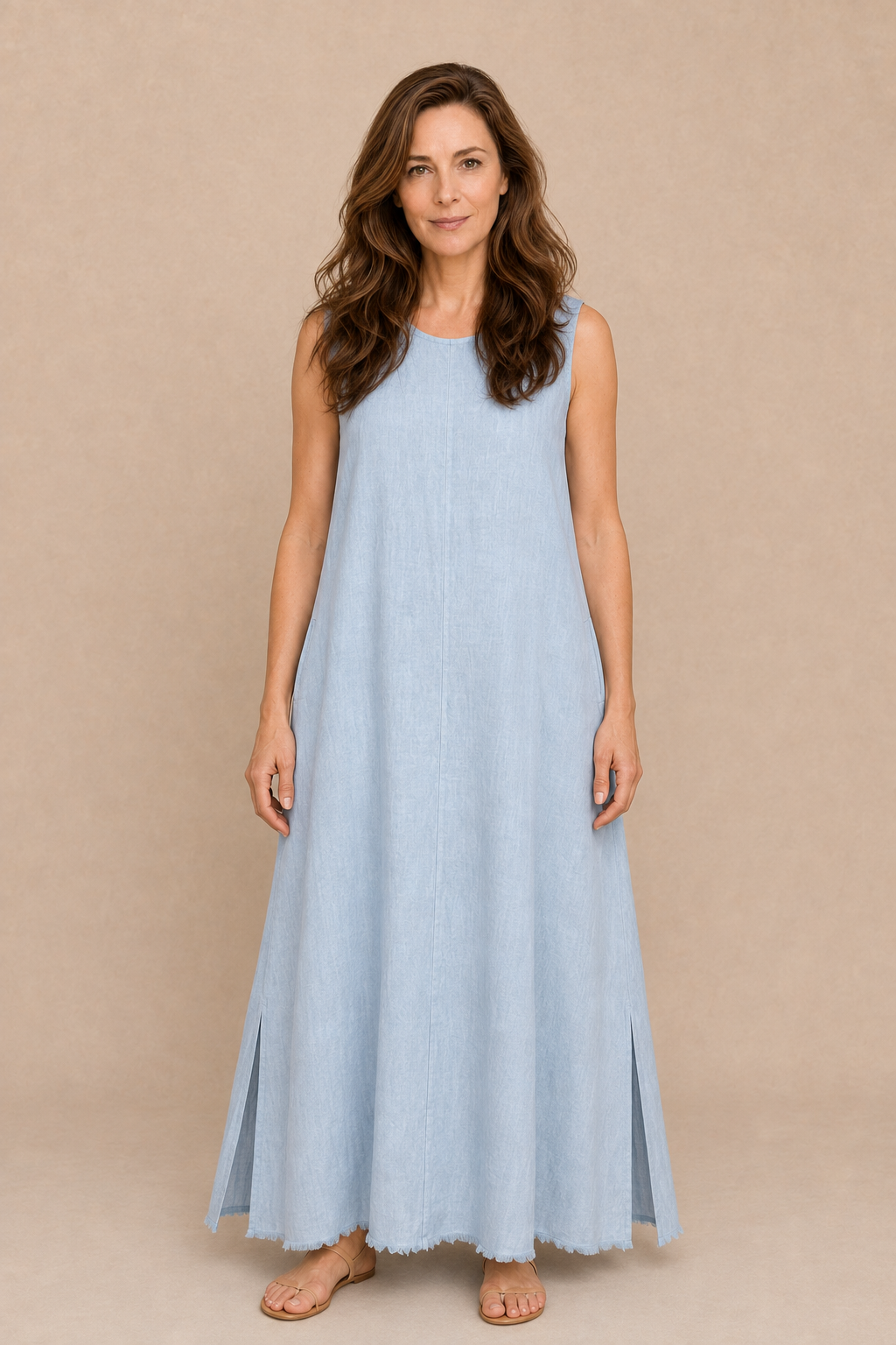 Suzy D | Seren Sleeveless Maxi Dress with Raw Hem in Cloud Blue