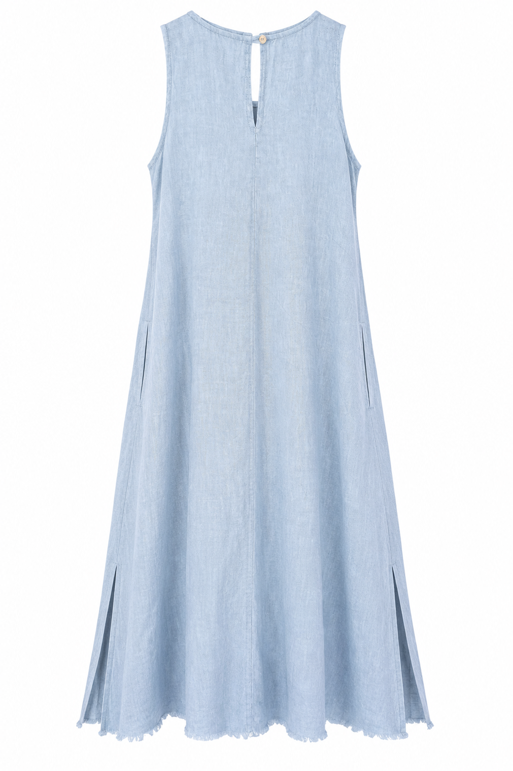 Suzy D sleeveless maxi dress in light blue with a keyhole button closure, side pockets and relaxed A-line shape, back view.