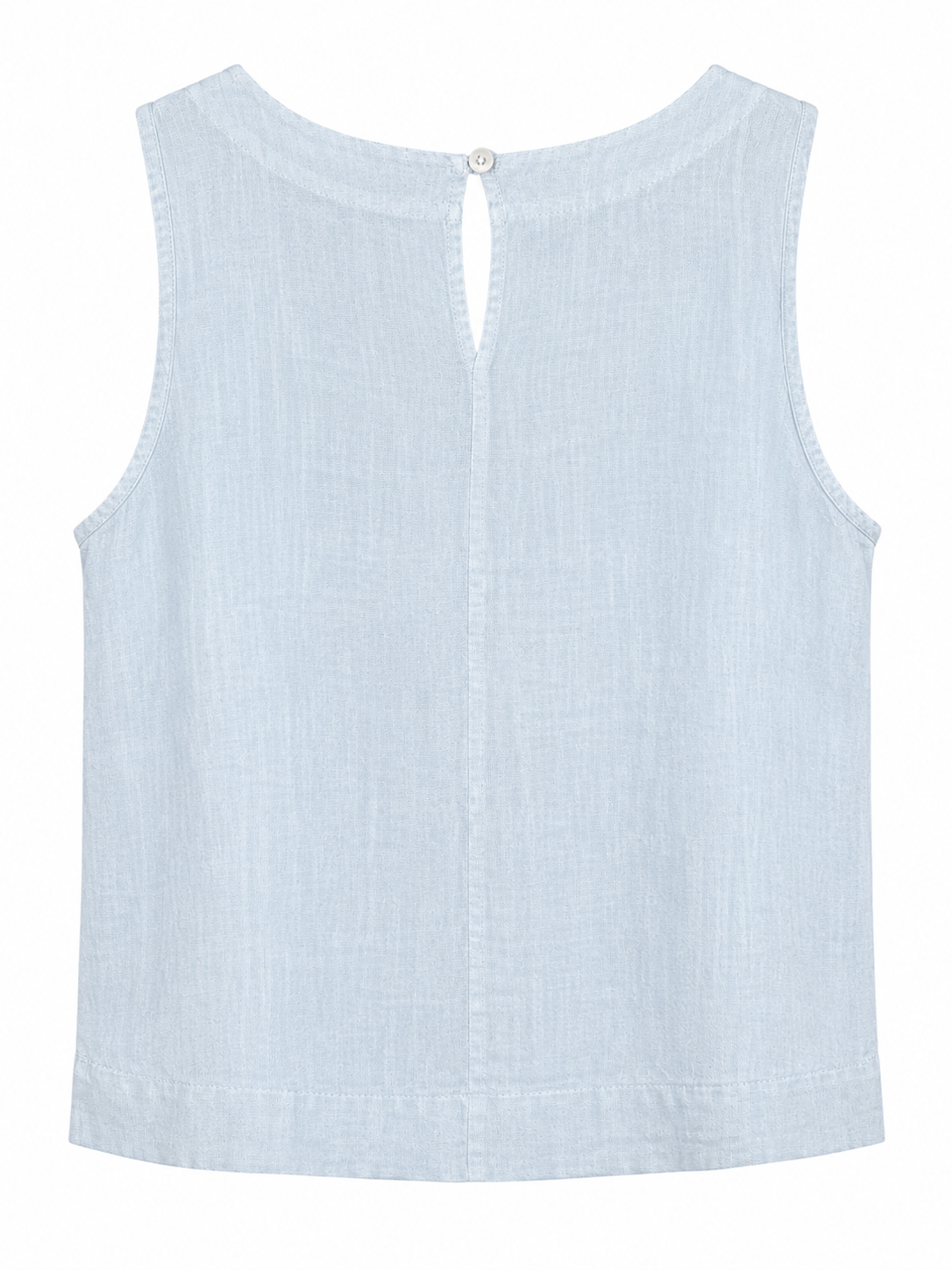 Suzy D Sylviana light blue linen sleeveless top with button keyhole closure, back view.