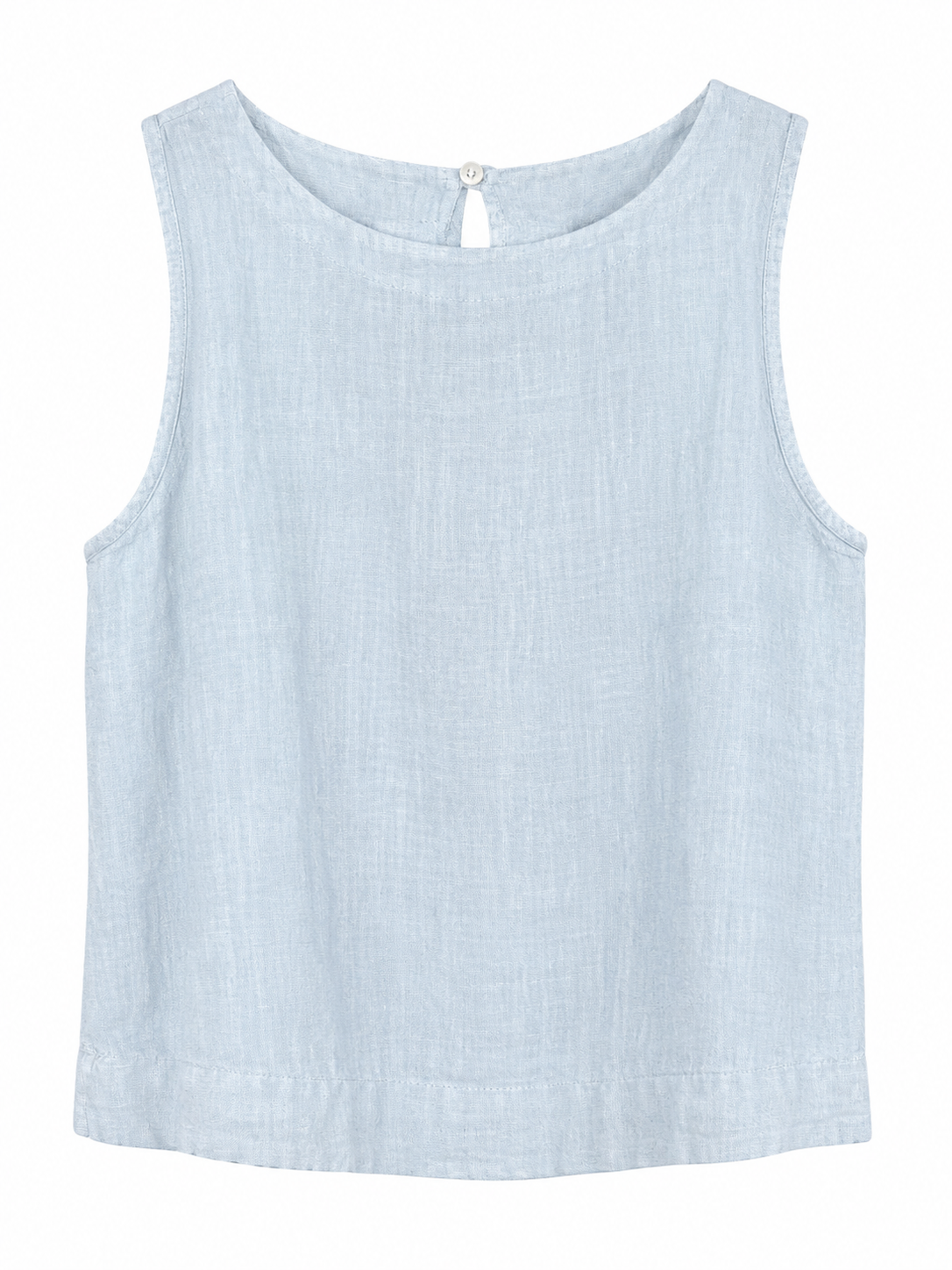 Suzy D Sylviana light blue linen sleeveless top with round neckline and relaxed flared fit, front view.