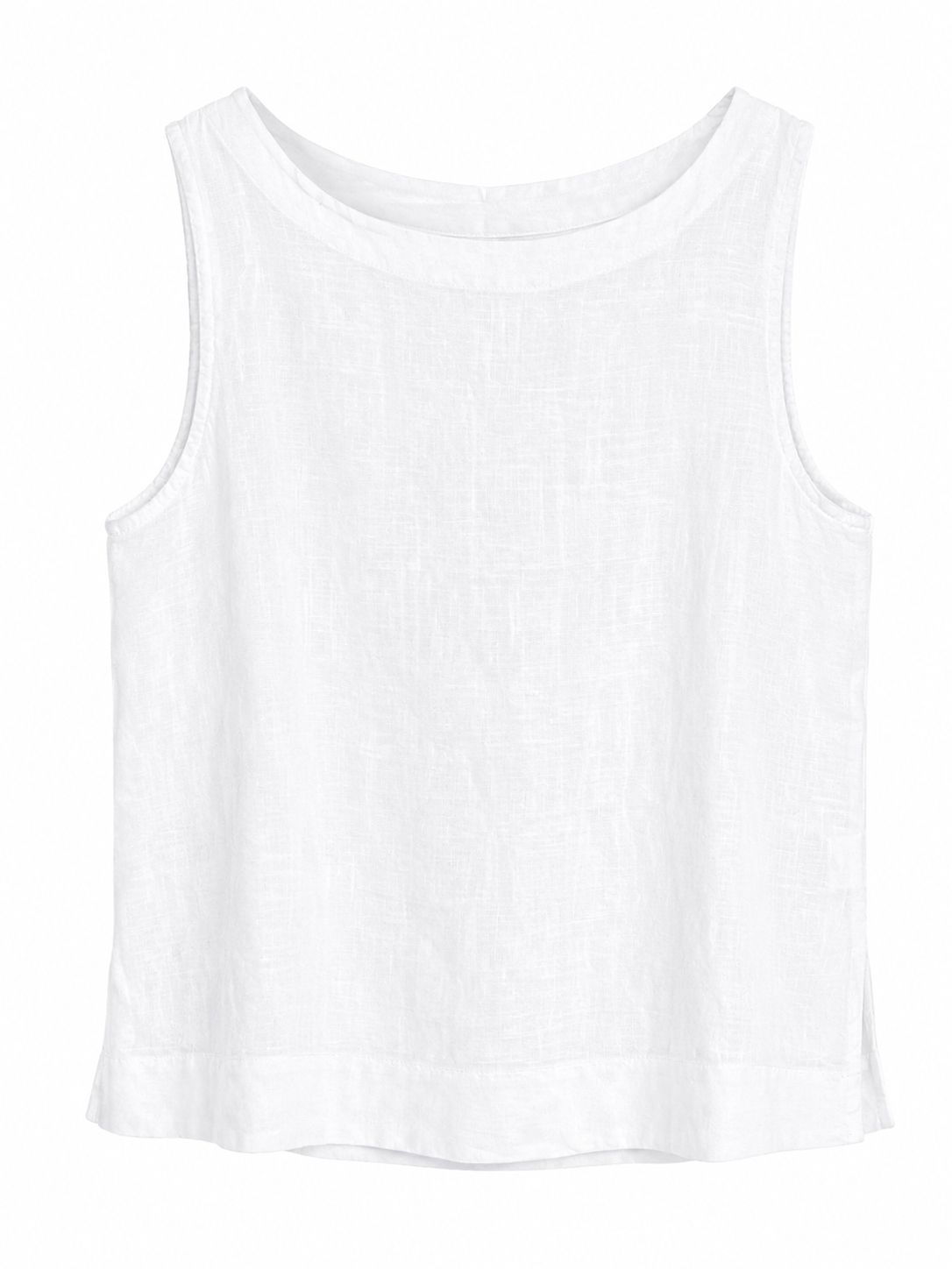Suzy D Sylviana white linen sleeveless top with round neckline and relaxed flared silhouette, front view.