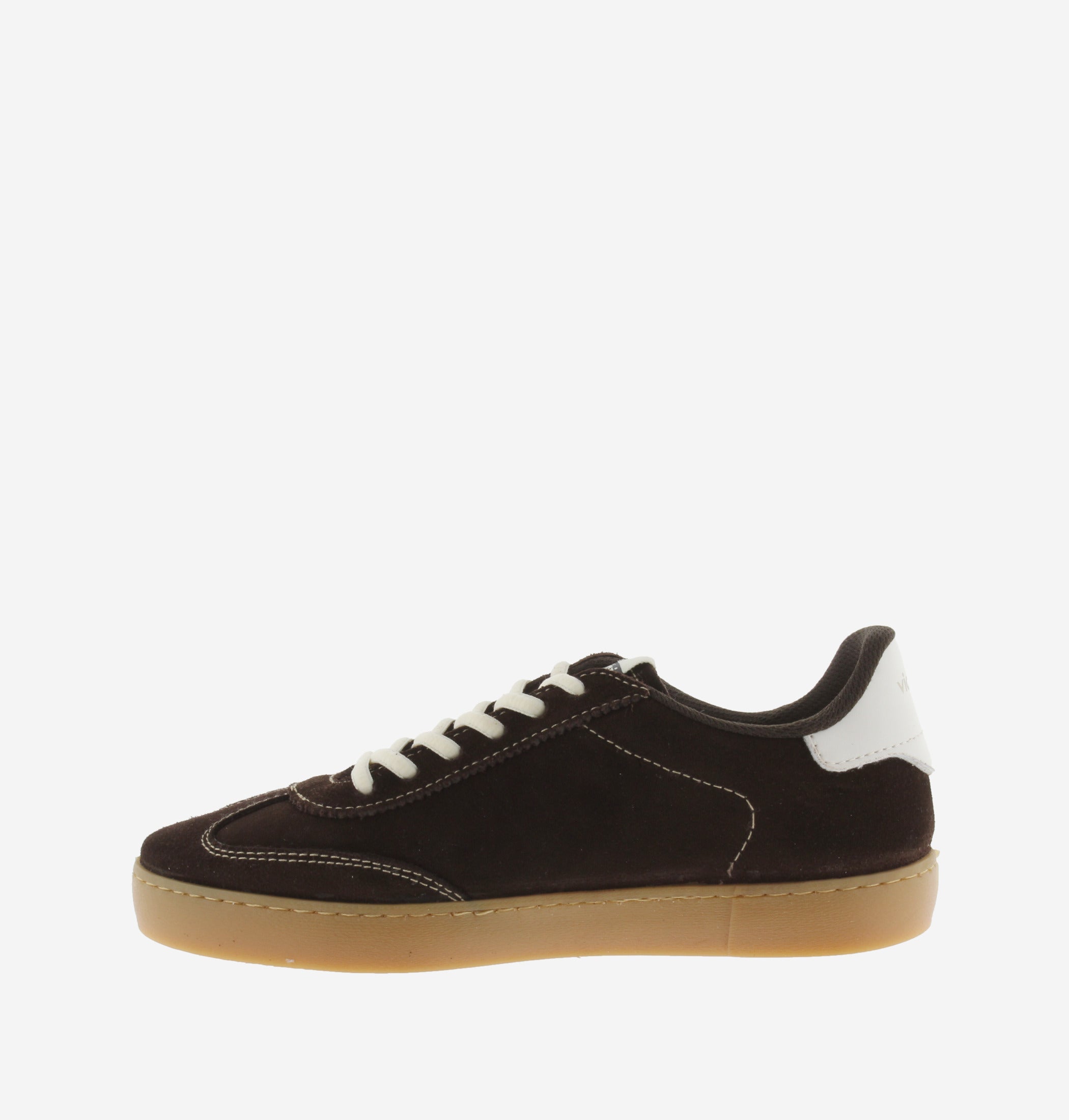 Victoria Shoes brown suede sneaker with white logo detail and gum sole