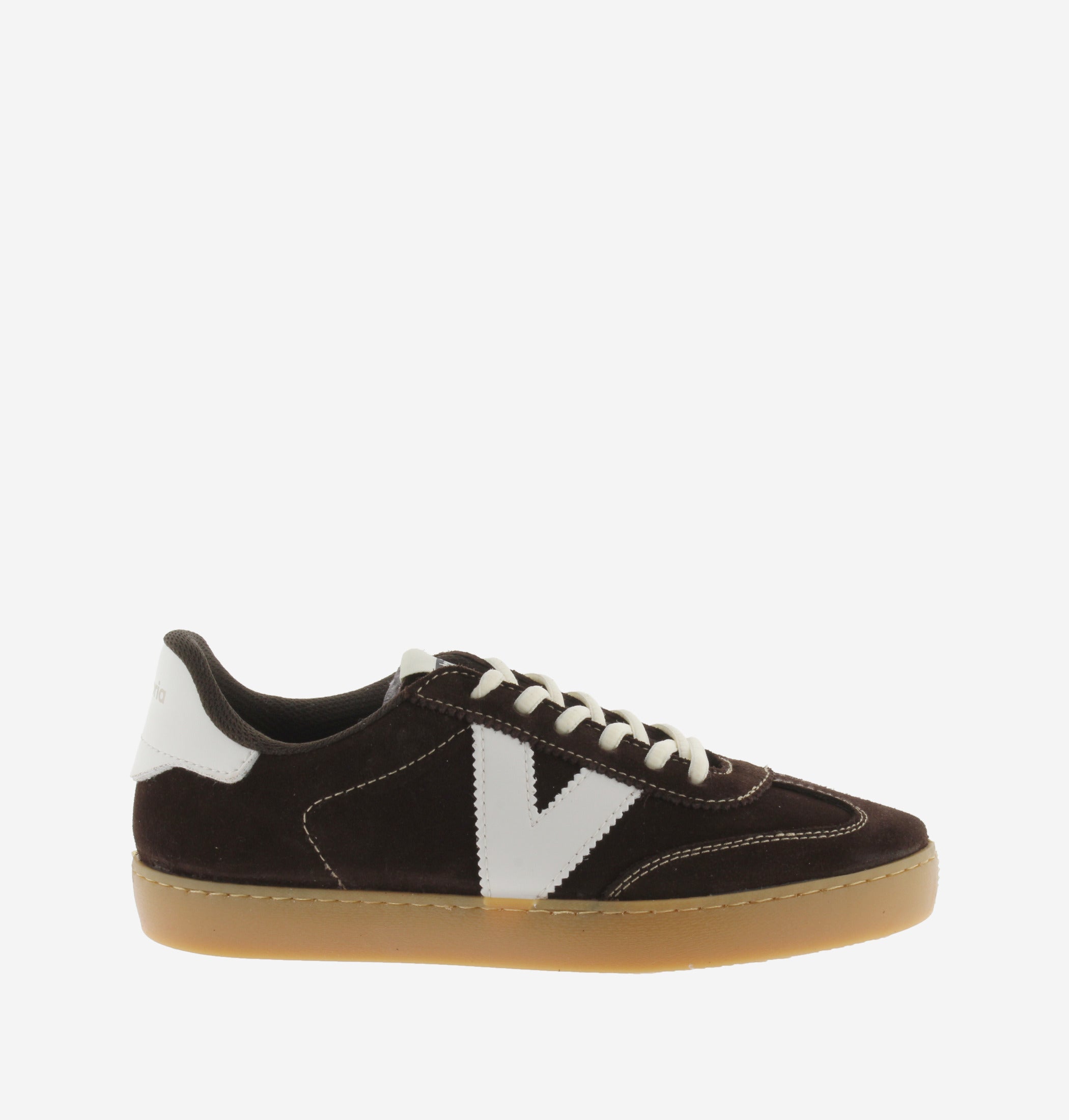 Victoria Shoes brown suede sneaker with white logo detail and gum sole