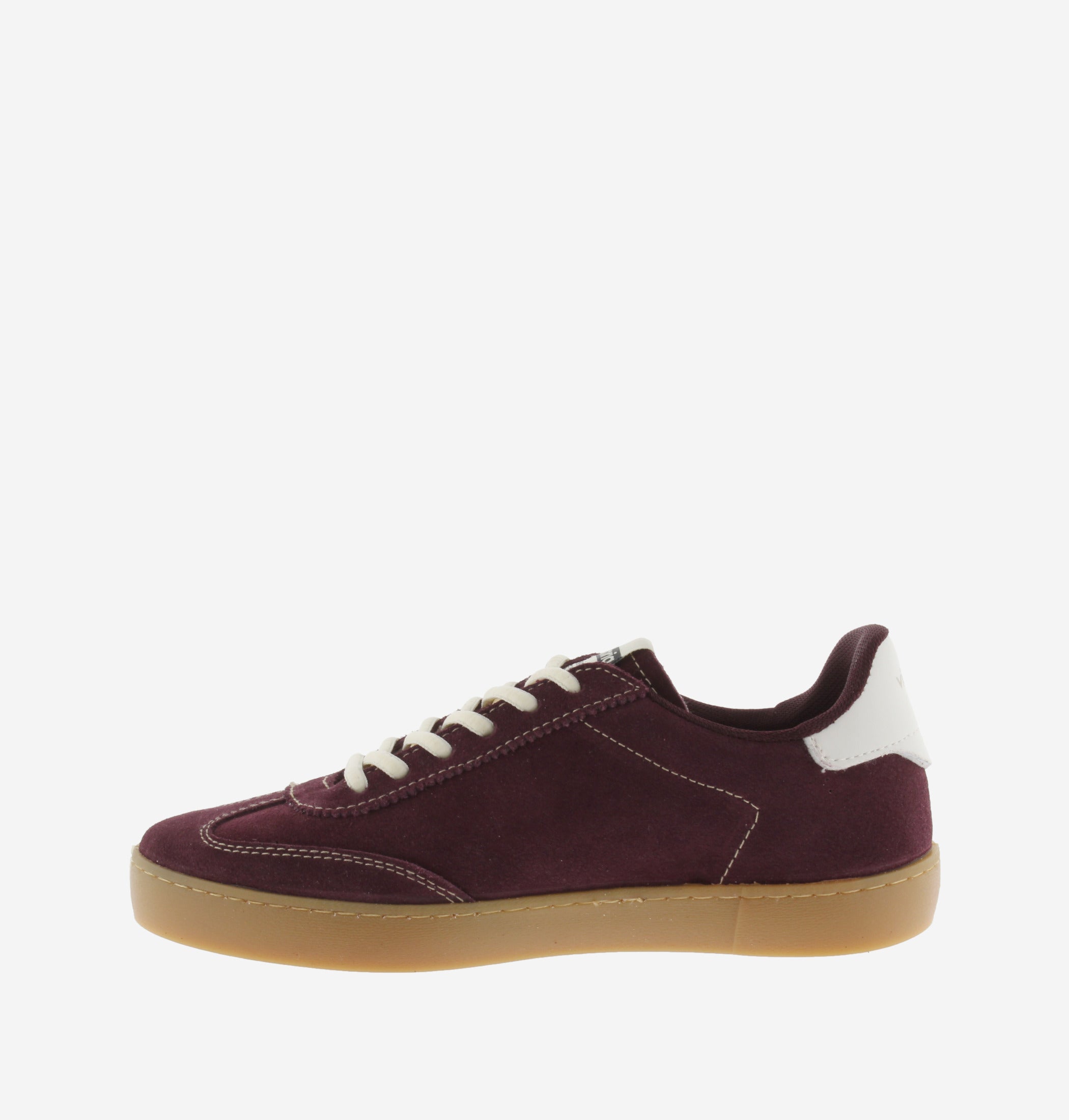 Victoria Shoes burgundy suede sneaker with white logo detail and gum sole