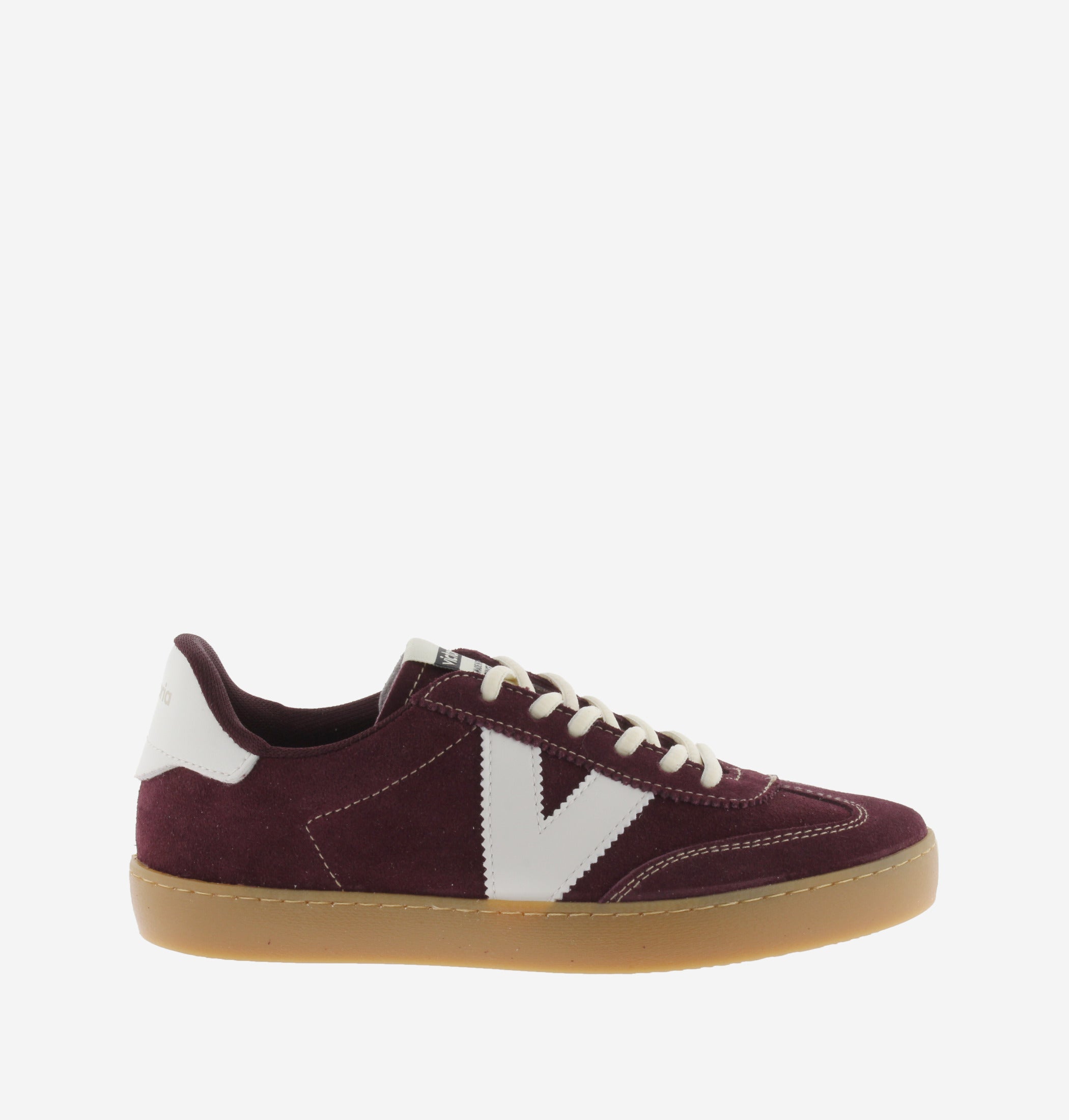 Victoria Shoes burgundy suede sneaker with white logo detail and gum sole