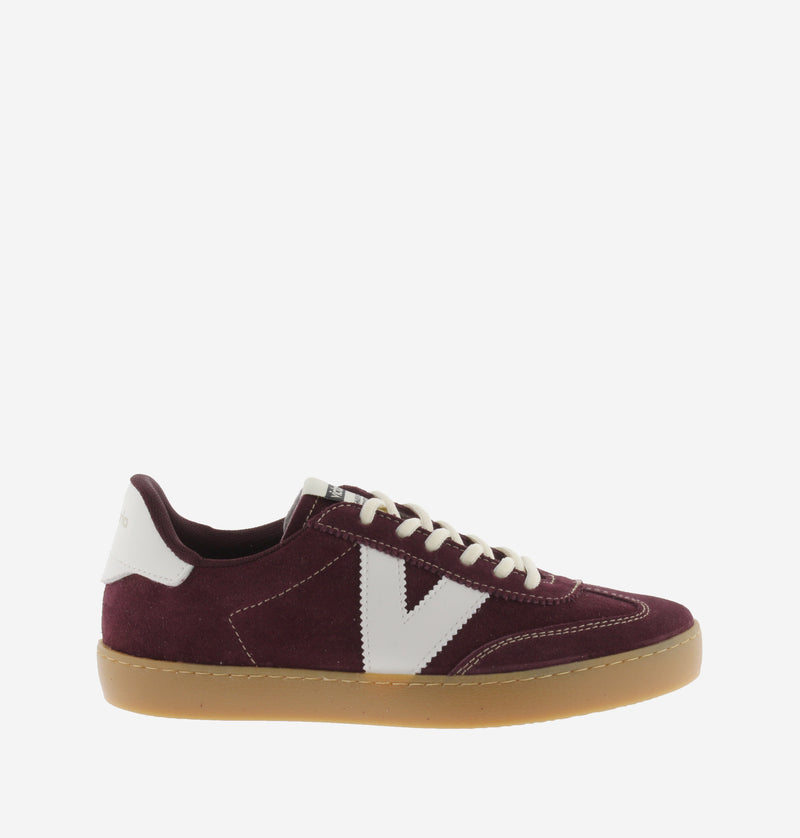 Victoria Shoes burgundy suede sneaker with white logo detail and gum sole