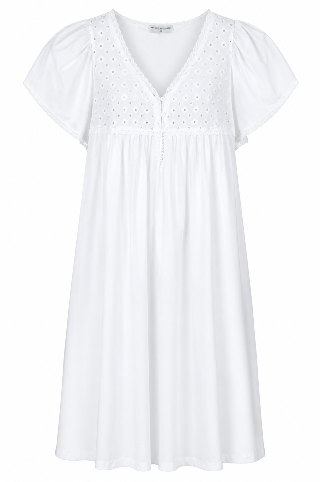 White Mischief white nightie with embroidered bodice and flutter sleeves