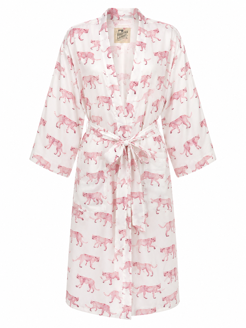 Woodstock Laundry poplin kimono in white with pink cheetah print