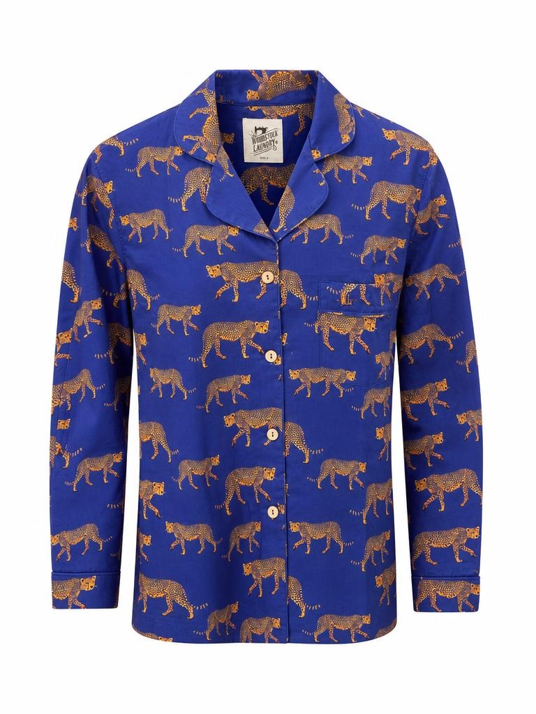 Woodstock Laundry long satin pyjama set in blue with cheetah print