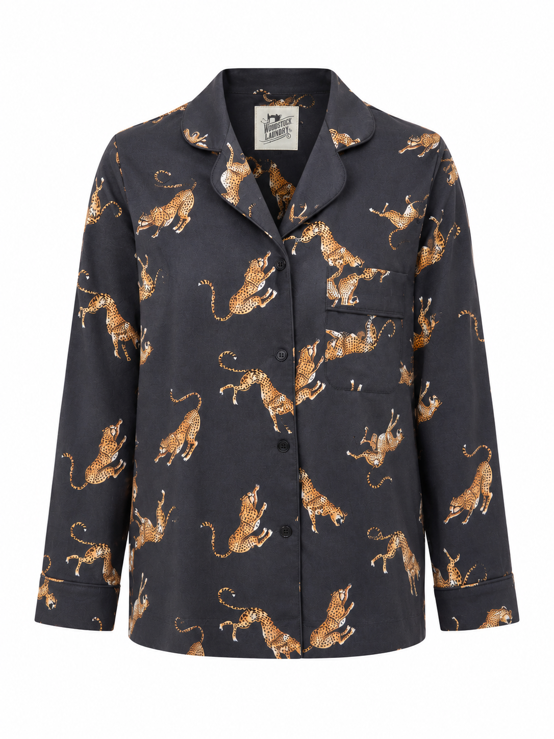 Woodstock Laundry long satin pyjama set in charcoal with jumping cheetah print