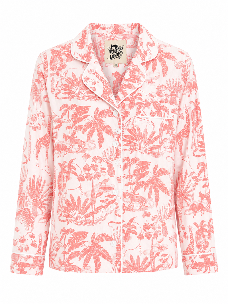 Woodstock Laundry long pyjama set in pink safari print on white
