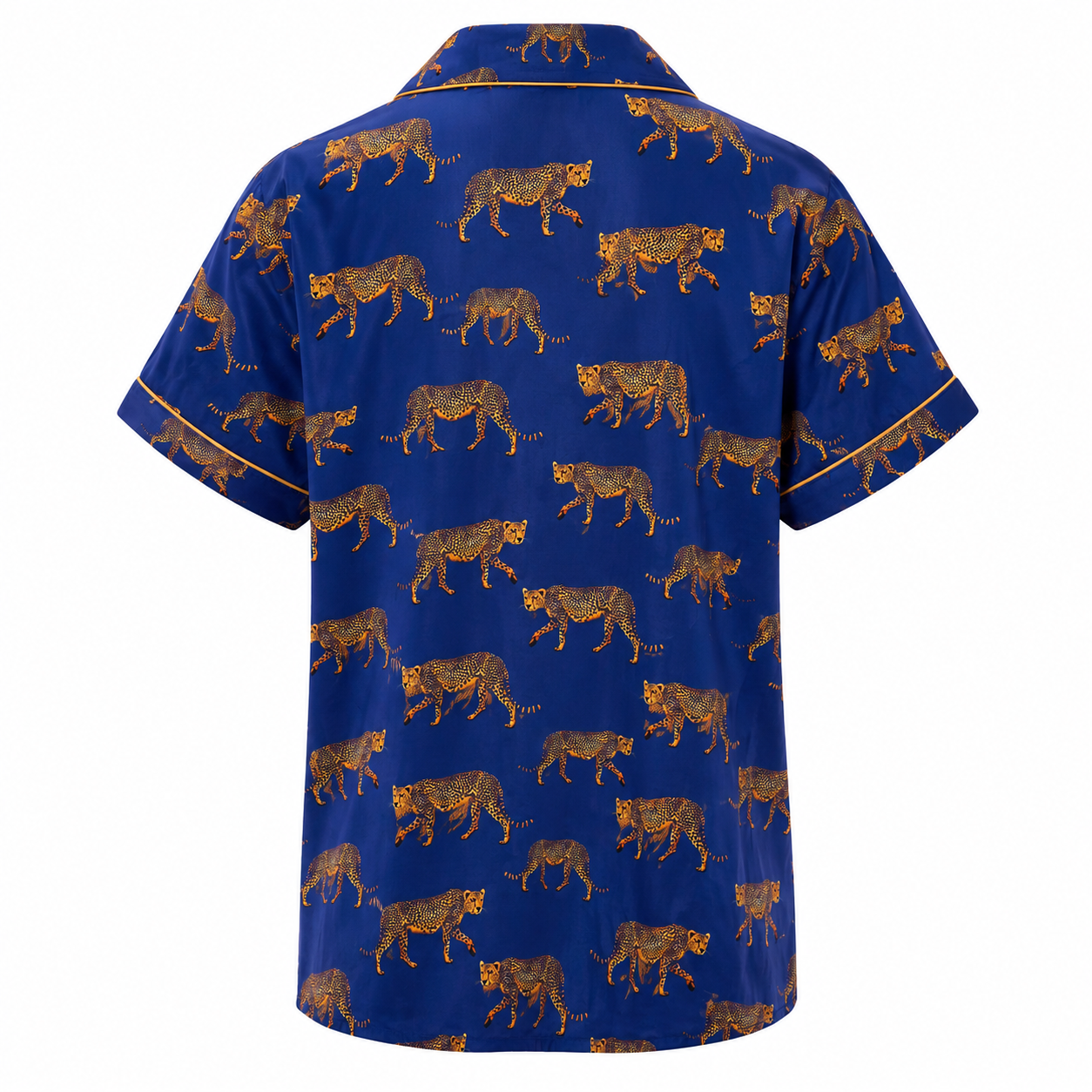 Back view of Woodstock Laundry blue short PJ shirt with all-over jumping cheetah print.