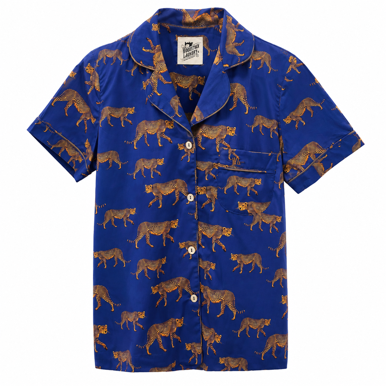 Woodstock Laundry short PJ shirt in blue with all-over jumping cheetah print, contrast piping and button front.