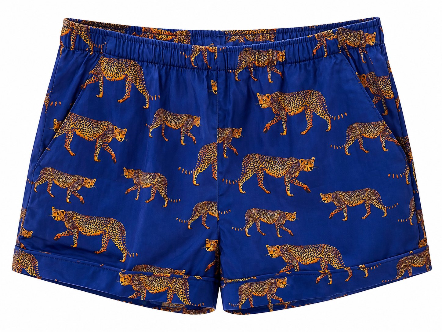 Woodstock Laundry PJ shorts in blue with jumping cheetah print and elasticated waistband.