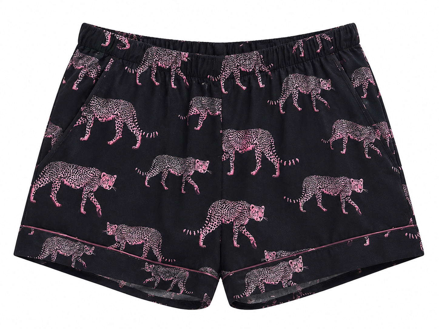 Woodstock Laundry charcoal pyjama shirt with pink cheetah print and contrast piping

