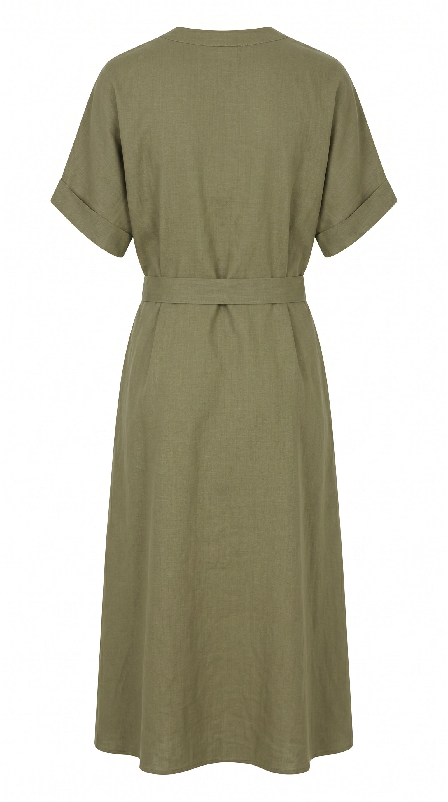 Yarra Trail olive midi dress with tie waist and relaxed silhouette