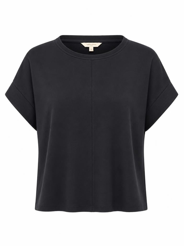 Yarra Trail black relaxed tee with rolled sleeves and centre seam detail