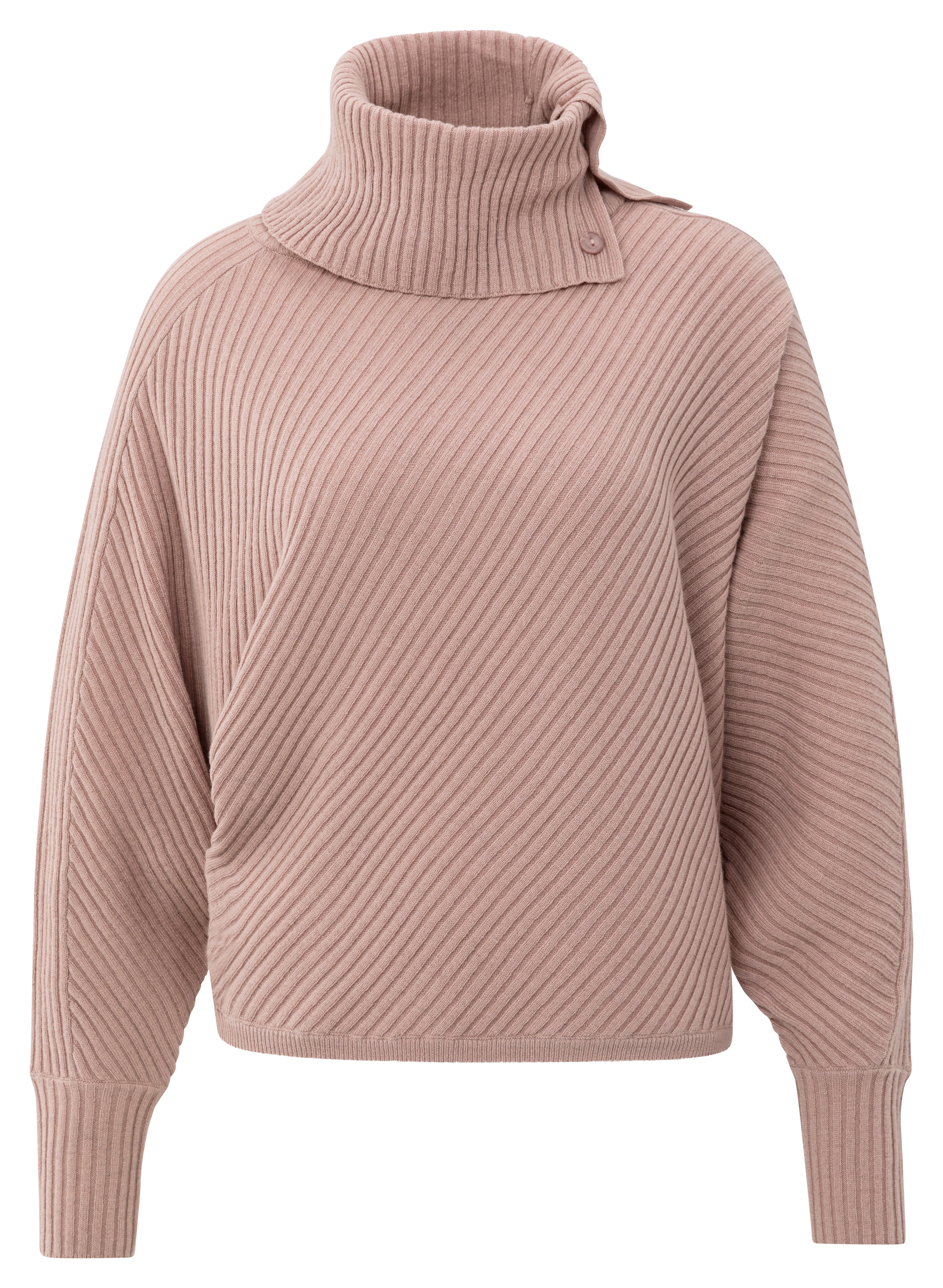 YAYA blush batwing ribbed sweater with high collar and button detail