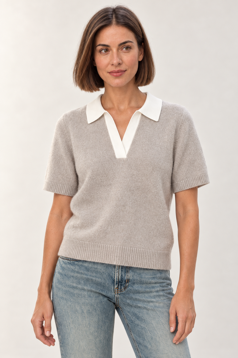 YAYA Collared Short Sleeve Knit in Mist Green worn by model, front close-up view