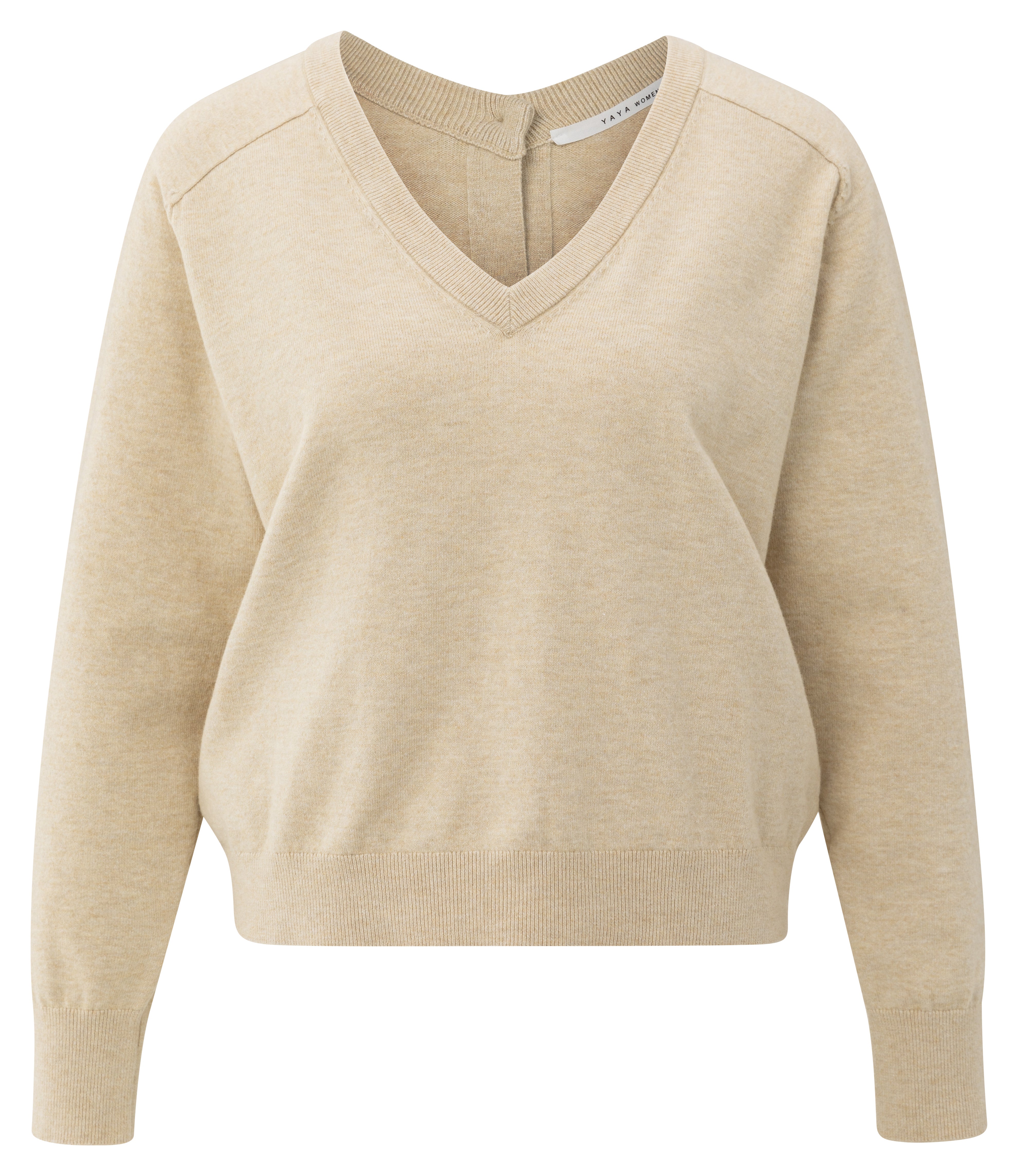 YAYA sand melange double V-neck sweater with back button detail