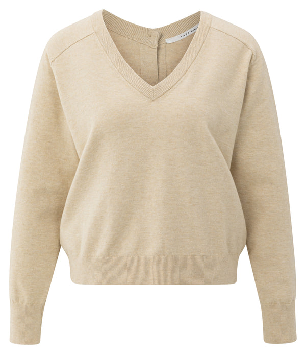YAYA sand melange double V-neck sweater with back button detail