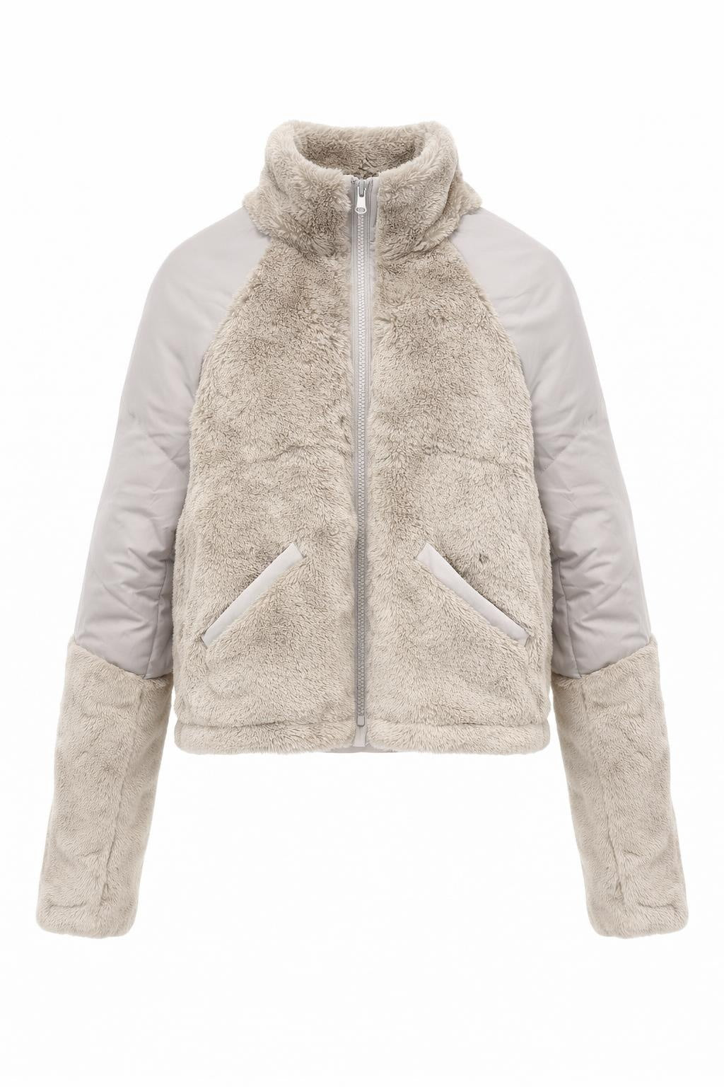 YAYA faux fur jacket with padded nylon sleeves in sand beige front view