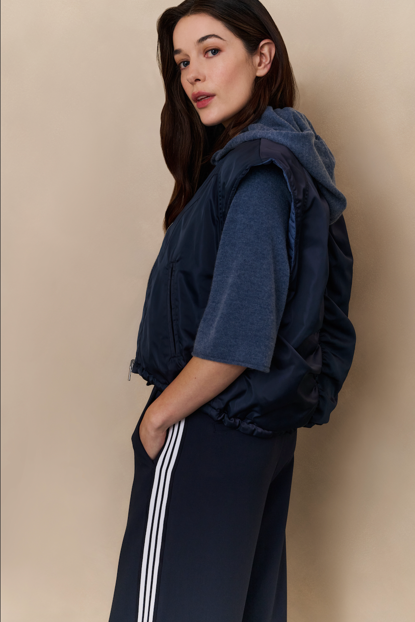 Side view of YAYA inkwell blue trousers with stripe detail