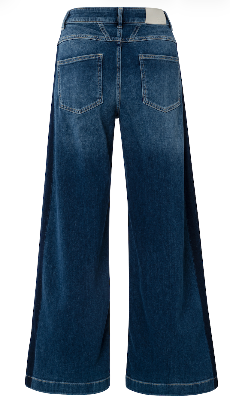 YAYA high-waisted loose fit wide leg dark blue denim jeans with contrast stitching and faded detailing