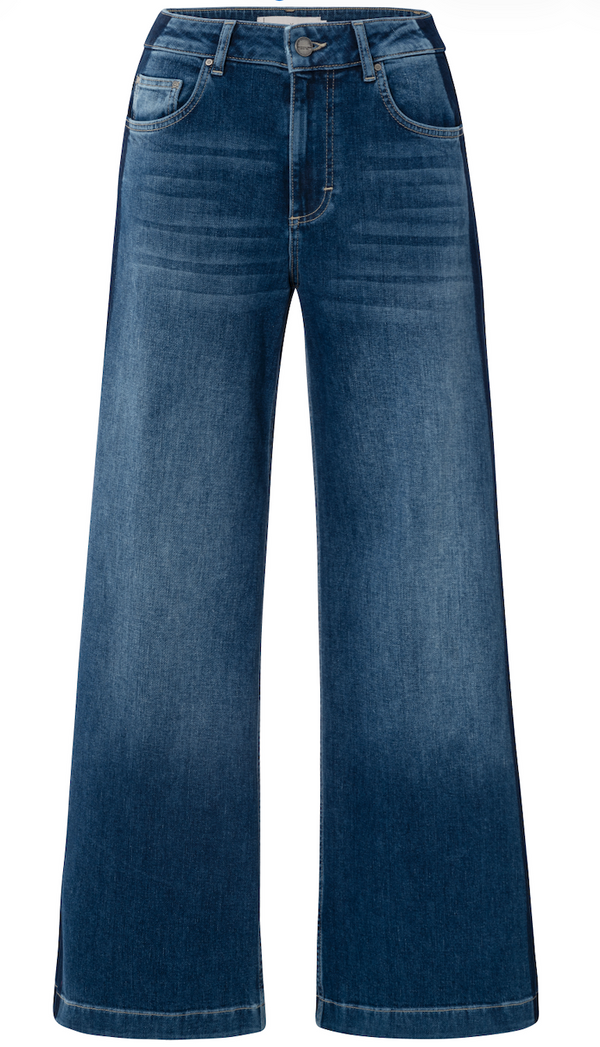 YAYA high-waisted loose fit wide leg dark blue denim jeans with contrast stitching and faded detailing