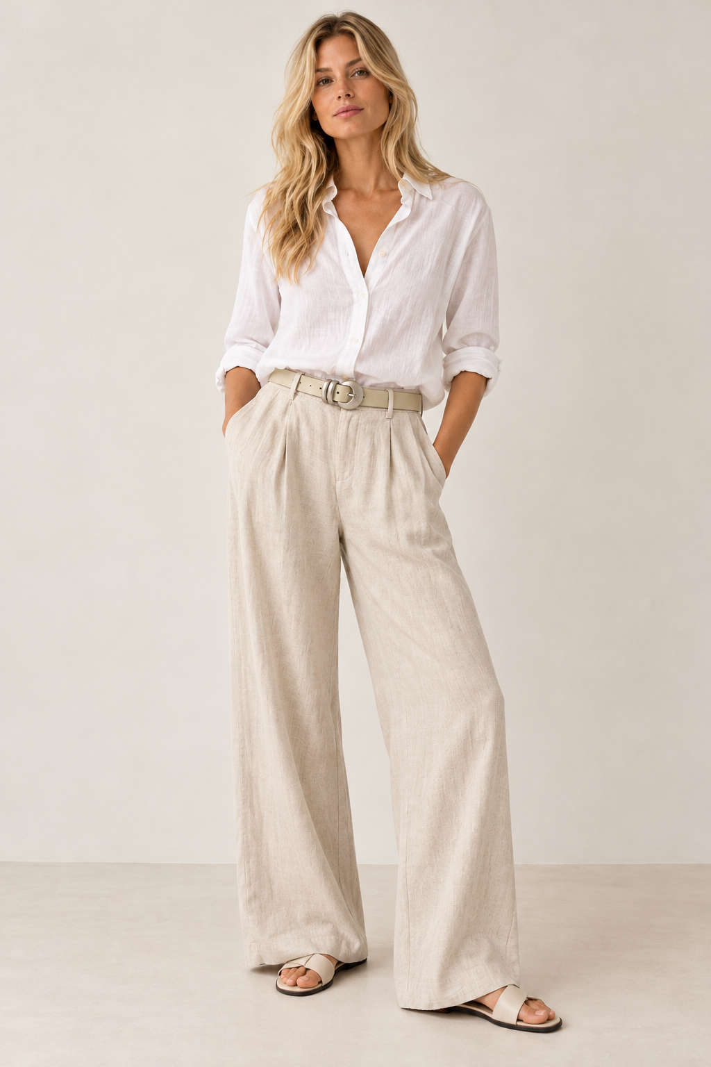 Model wearing YAYA Leather Belt with Moon Buckle in Sandstone Beige, paired with a white linen shirt and neutral wide-leg trousers