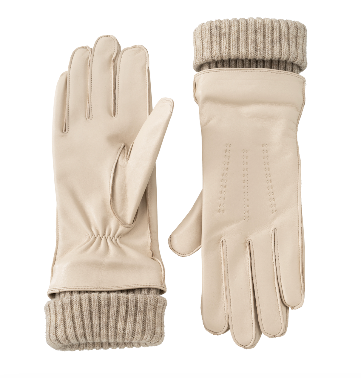 YAYA leather gloves in sand beige with ribbed knitted cuff