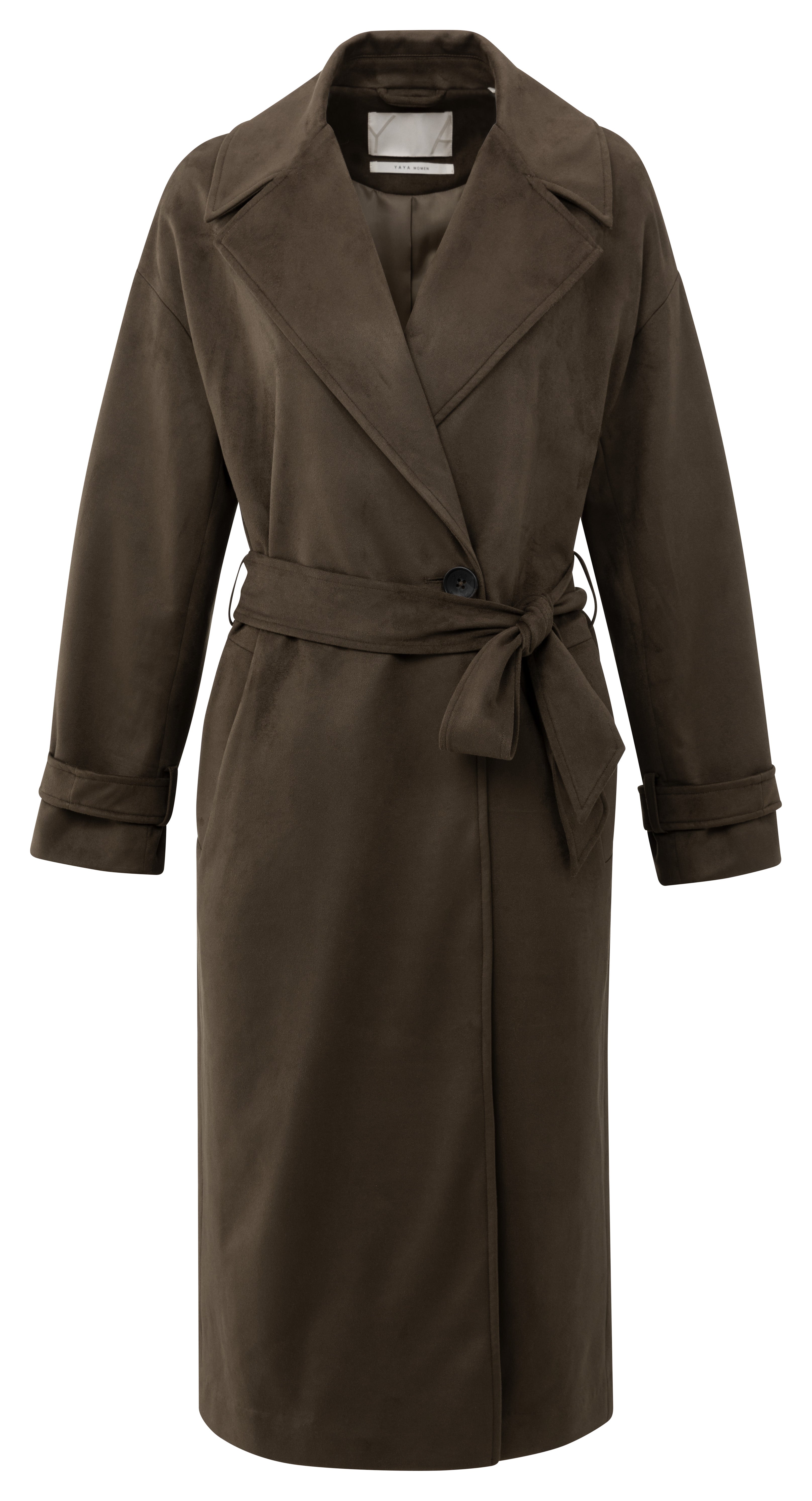 Front view of YAYA long length oversized suedine coat