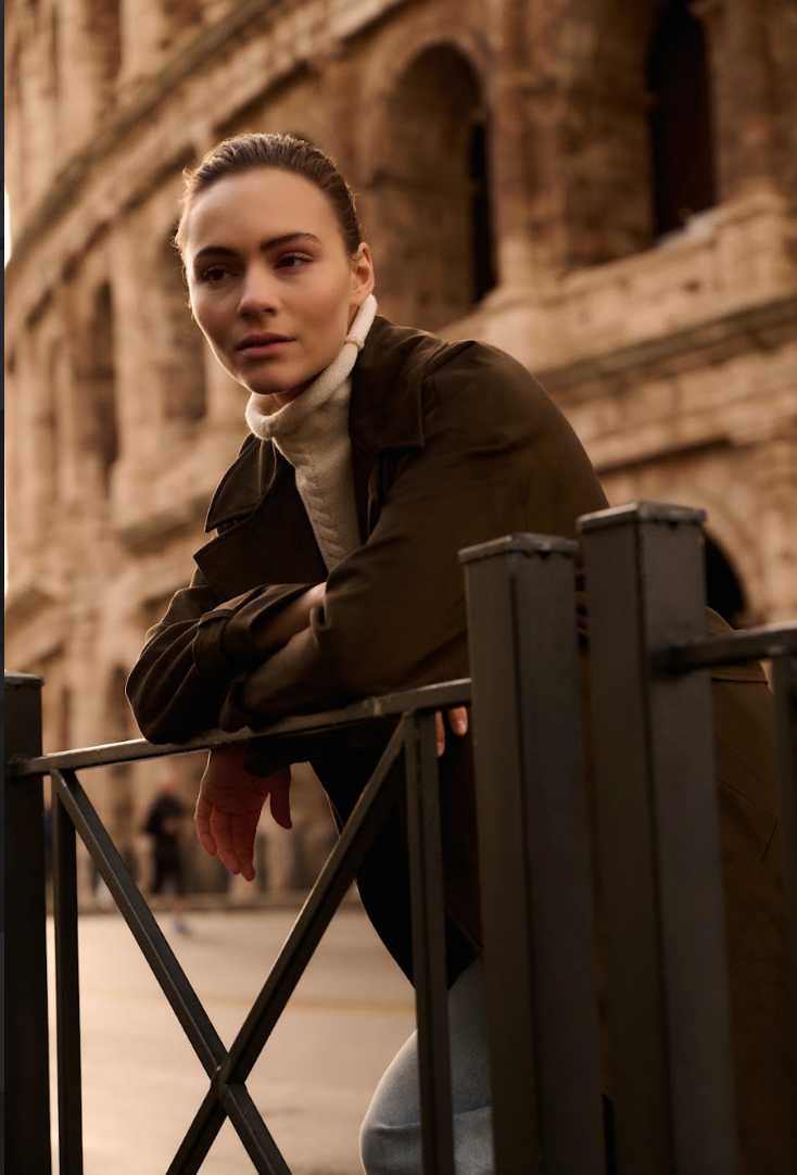Close portrait of model wearing YAYA olive brown coat