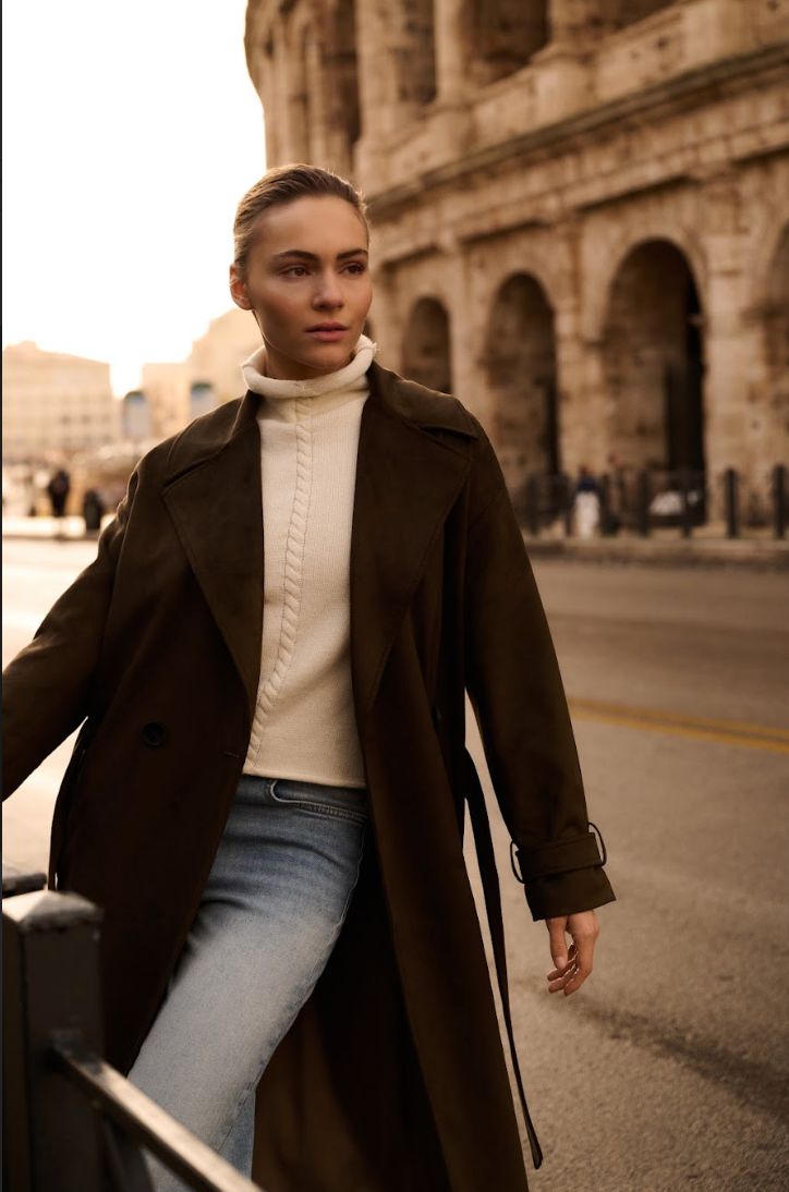 Full body styling of YAYA long suedine coat with denim