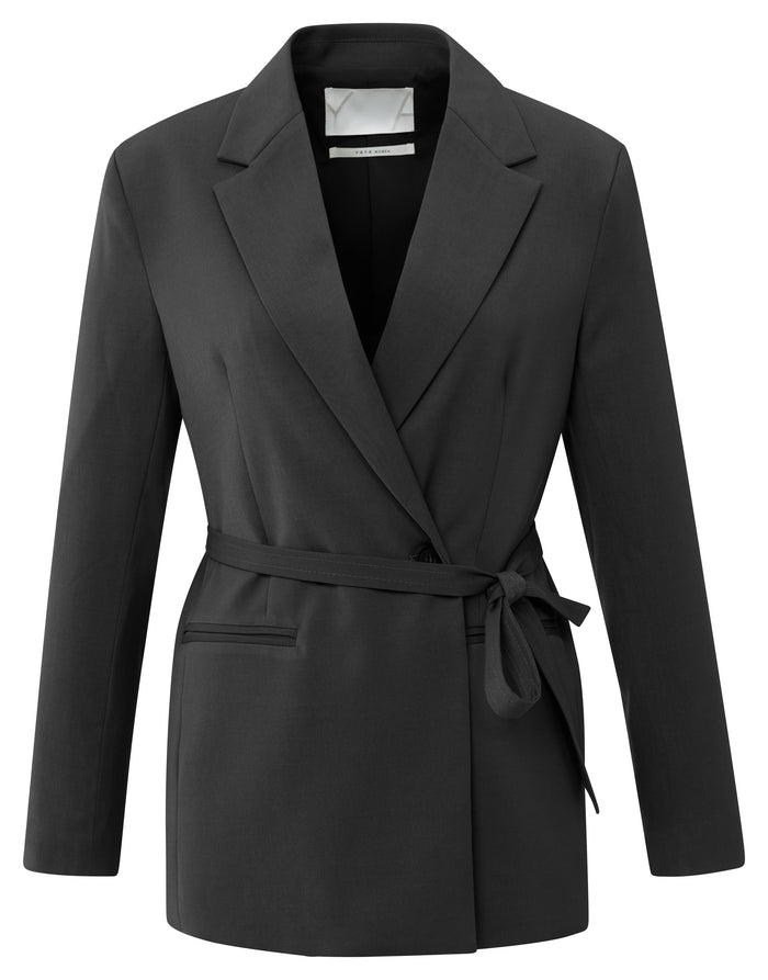 YAYA Loose Fit Blazer with Belt in Oyster Black
