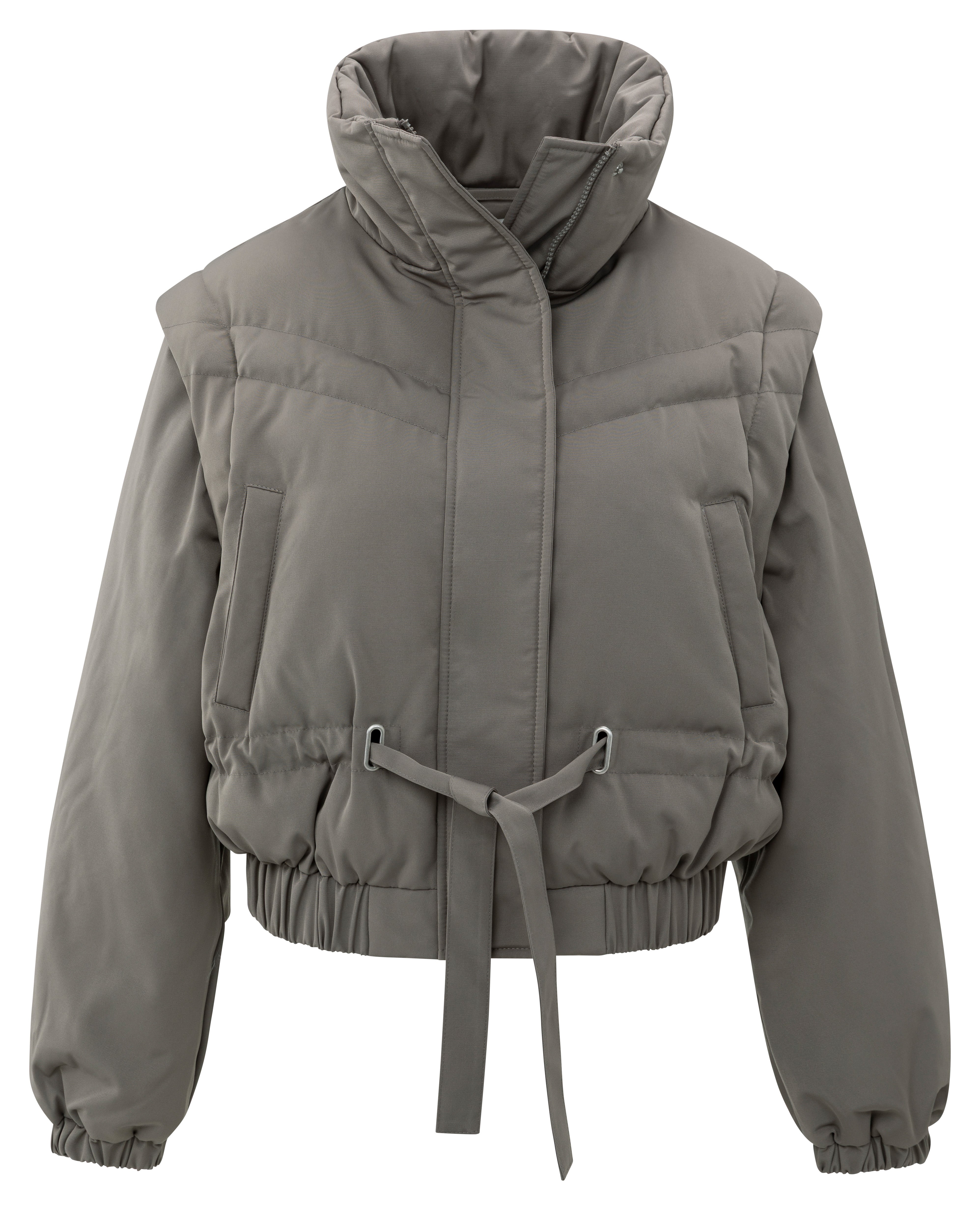 YAYA oversized cropped nylon jacket in grey with detachable sleeves, high padded collar and adjustable waist tie