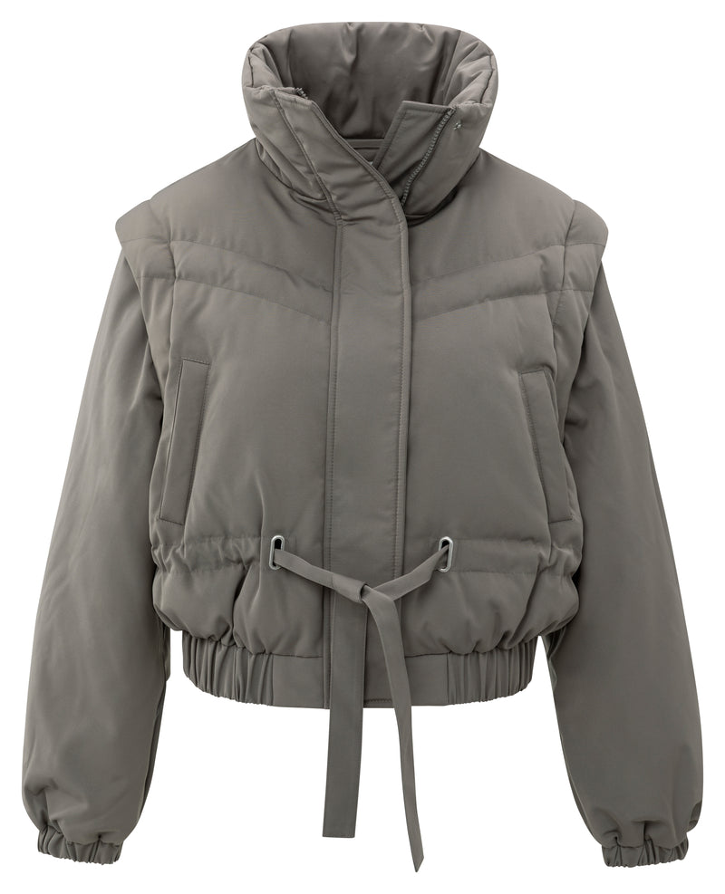 YAYA oversized cropped nylon jacket in grey with detachable sleeves, high padded collar and adjustable waist tie