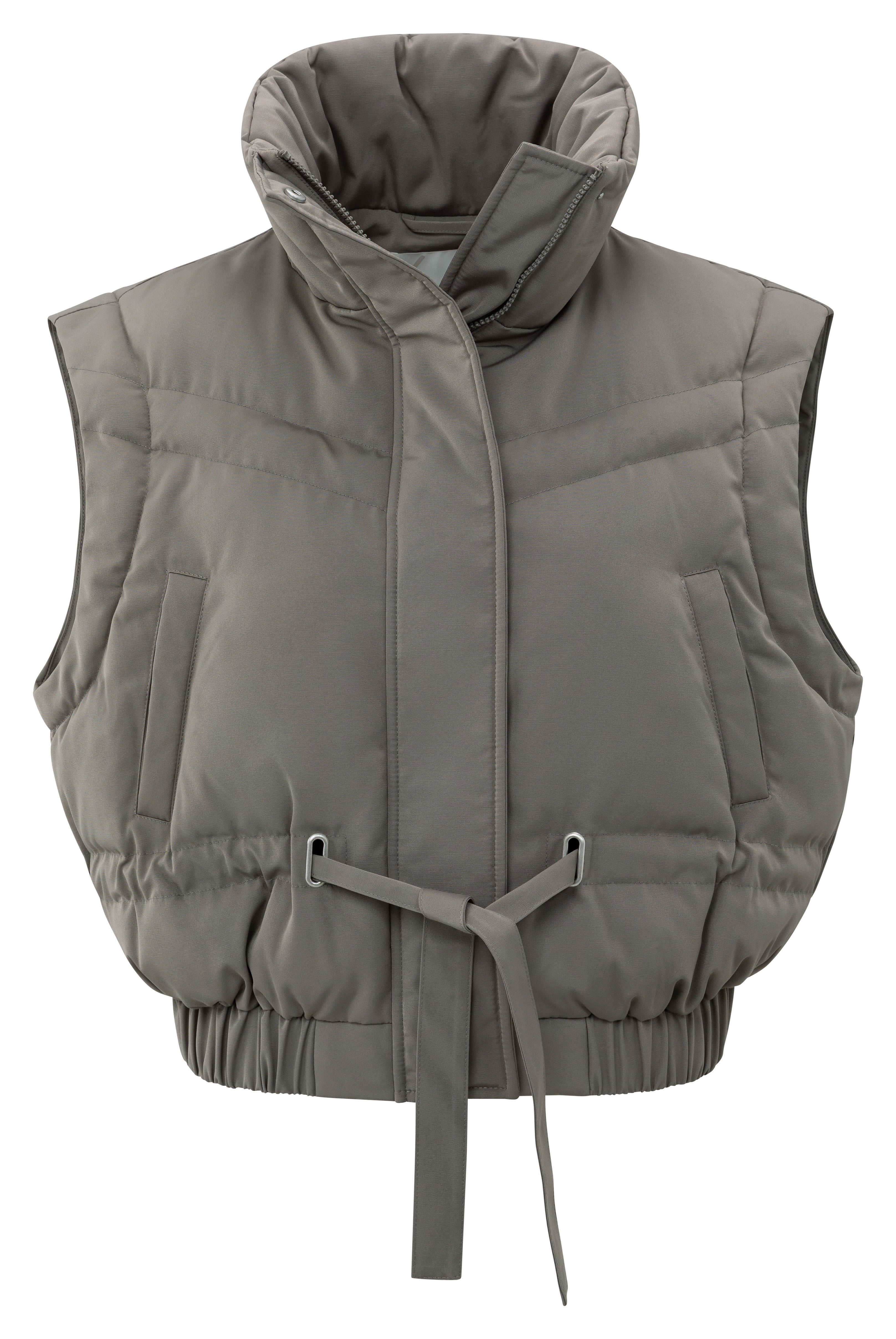 YAYA oversized cropped nylon jacket shown as a sleeveless gilet with detachable sleeves, padded construction and adjustable waist tie