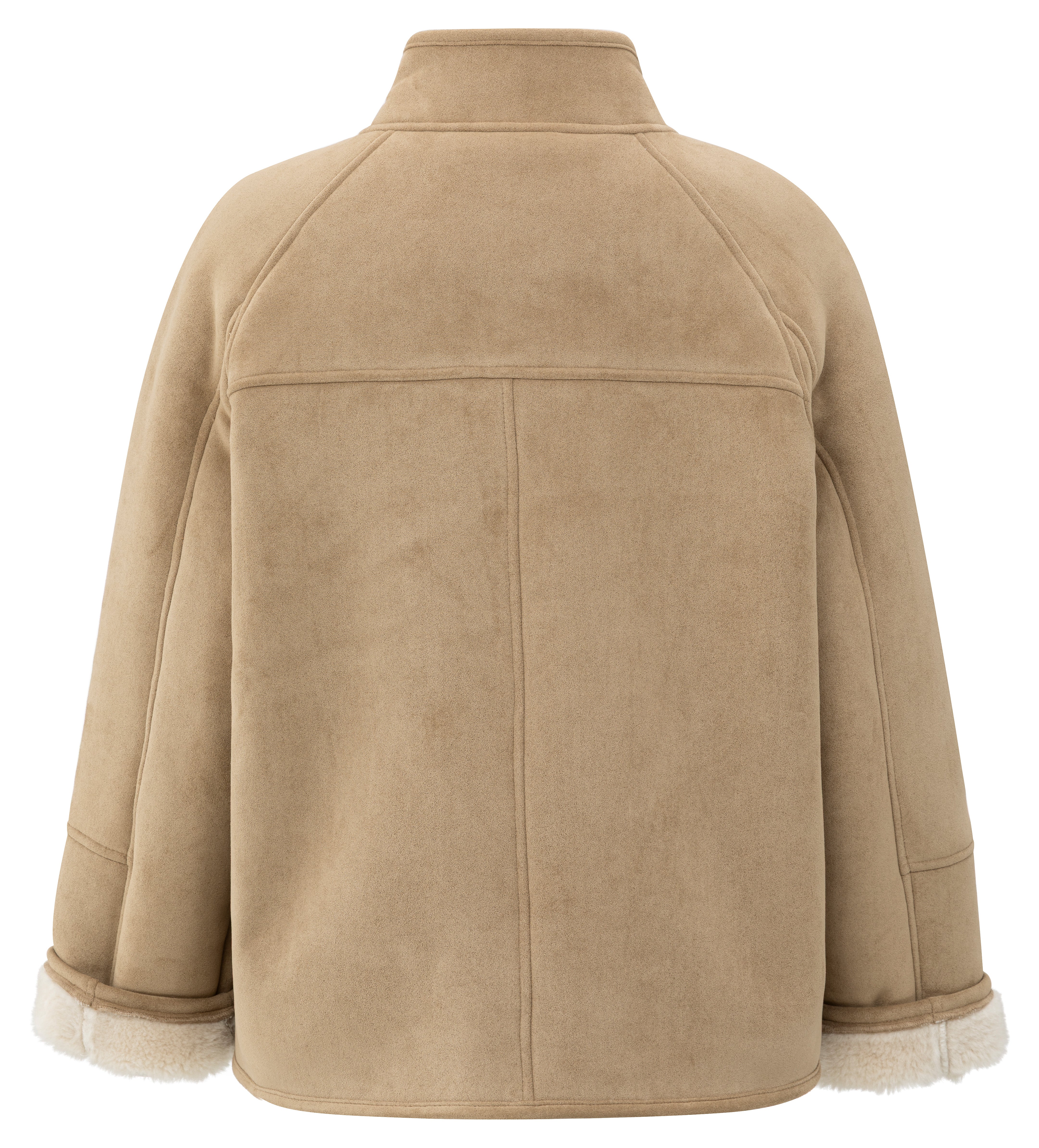 YAYA oversized faux lammy coat in sand with raglan sleeves, stand collar and soft shearling-inspired lining