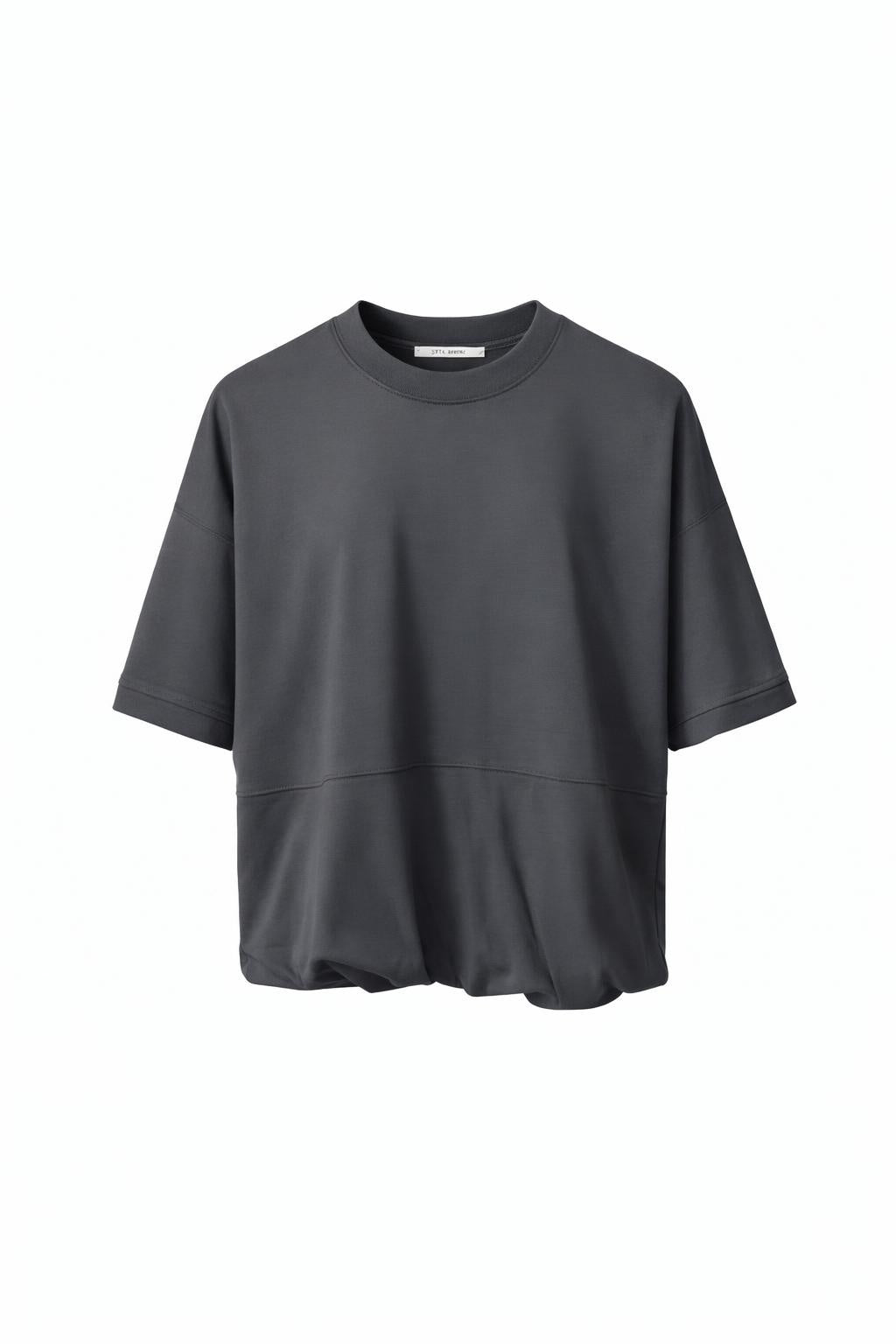 YAYA short sleeve balloon hem top in oyster black minimalist women's top front