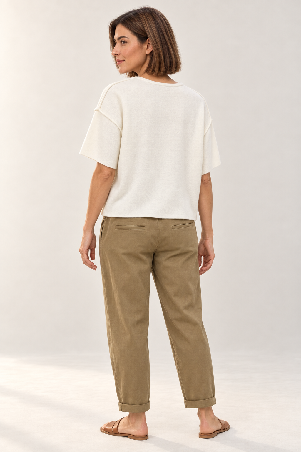 YAYA Short Sleeve Knit with Seam Details in Ecru worn by model, back view