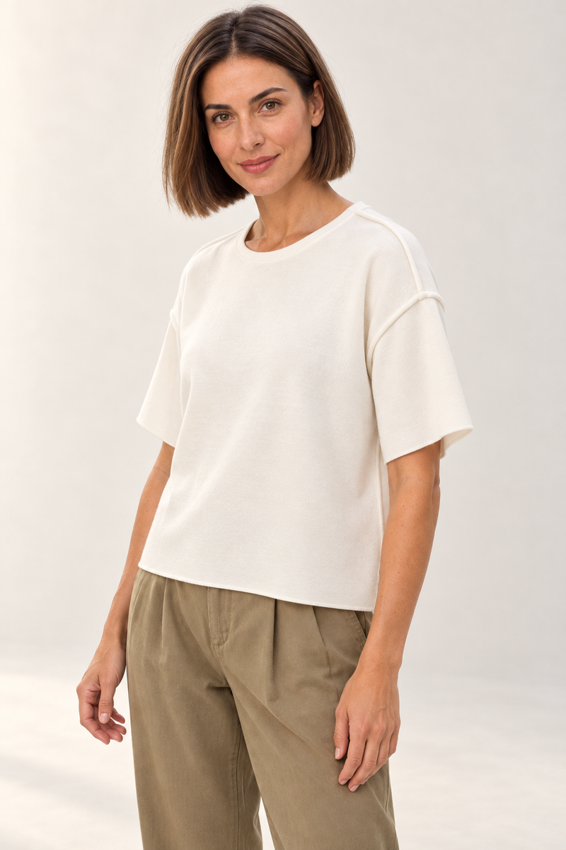 YAYA Short Sleeve Knit with Seam Details in Ecru worn by model, close-up front view