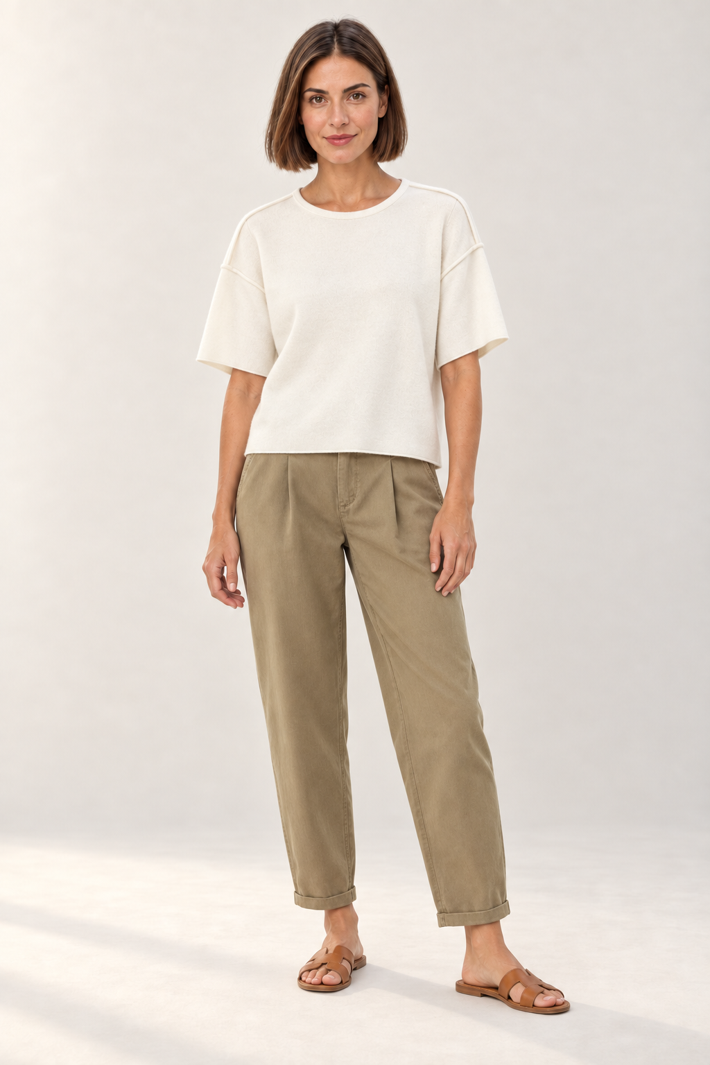 YAYA Short Sleeve Knit with Seam Details in Ecru worn by model, full-length front view