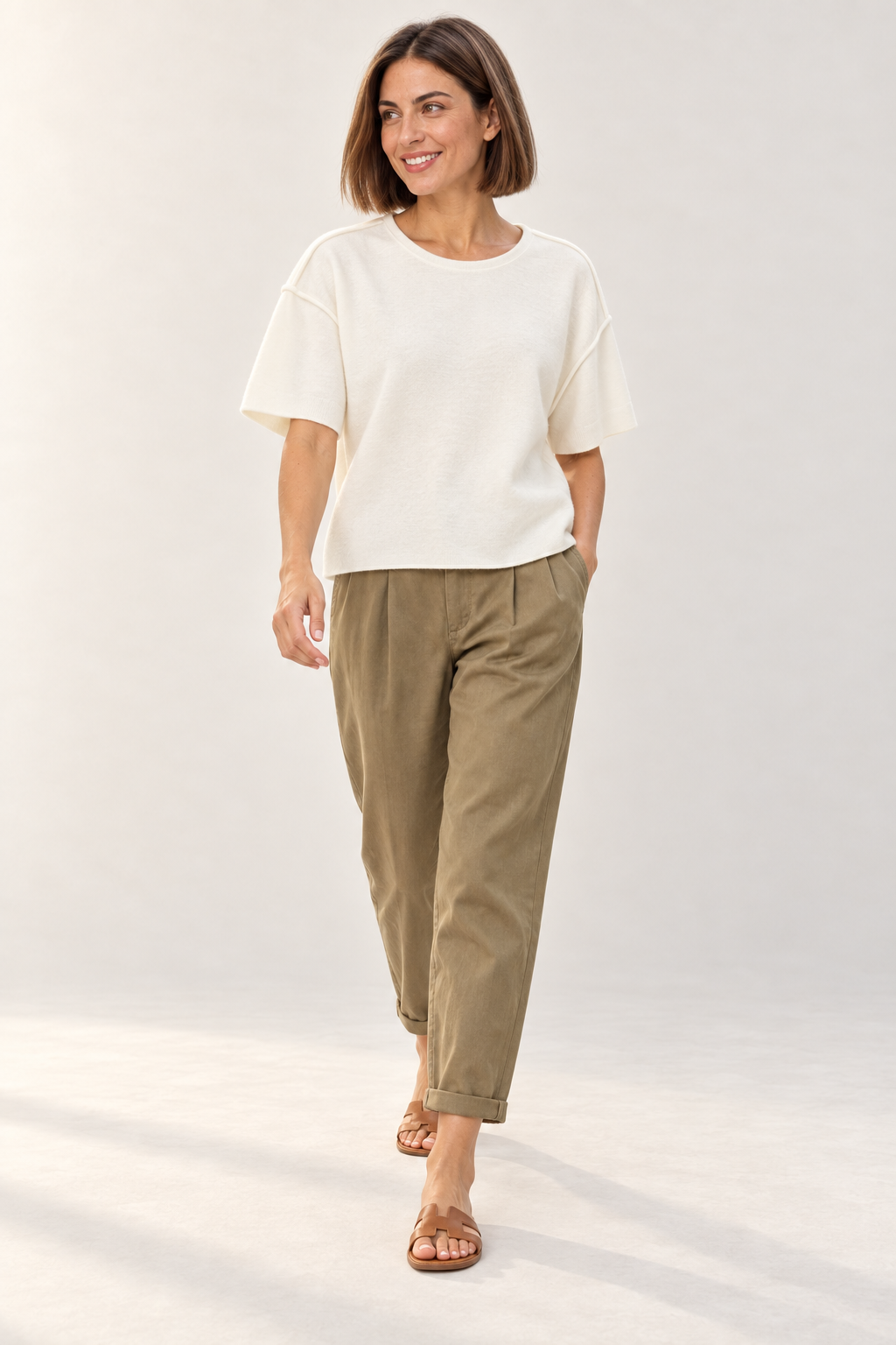 YAYA Short Sleeve Knit with Seam Details in Ecru worn by model, walking view