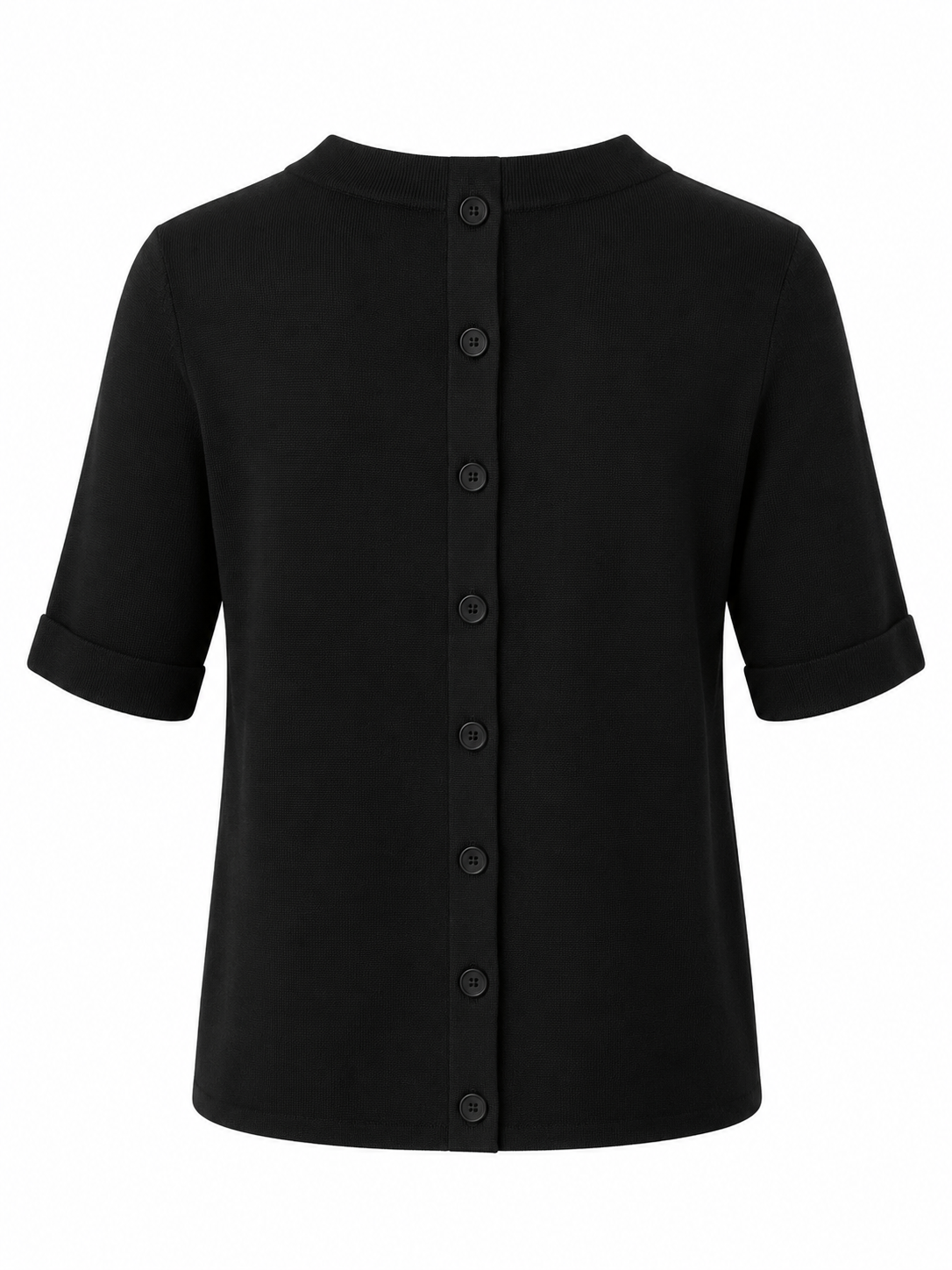 Front view of the YAYA Short Sleeve Sweater With Buttons At Back in Black featuring a round neckline, rolled short sleeves and centre seam detail.