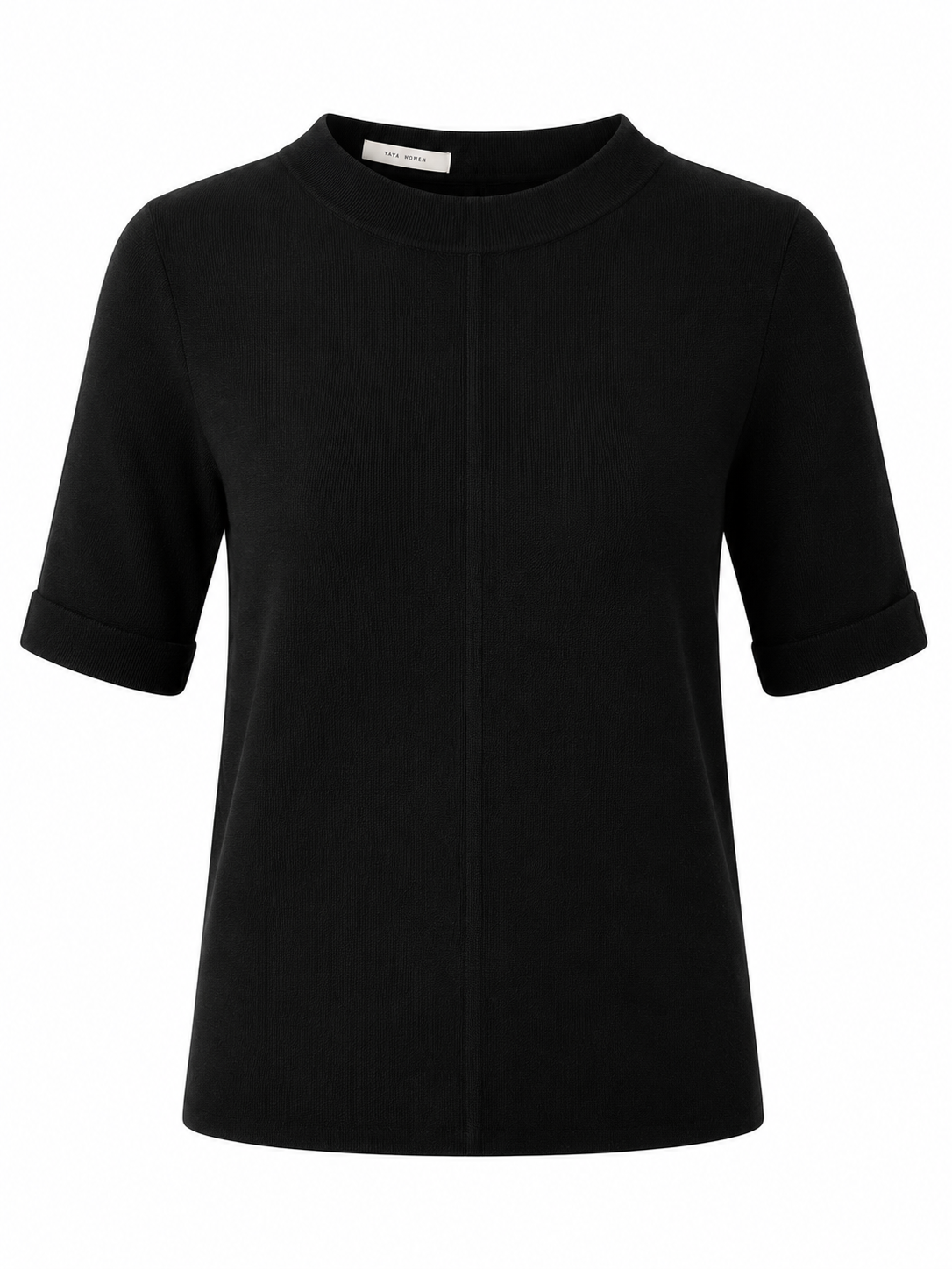 Front view of the YAYA Short Sleeve Sweater With Buttons At Back in Black featuring a round neckline, rolled short sleeves and centre seam detail.